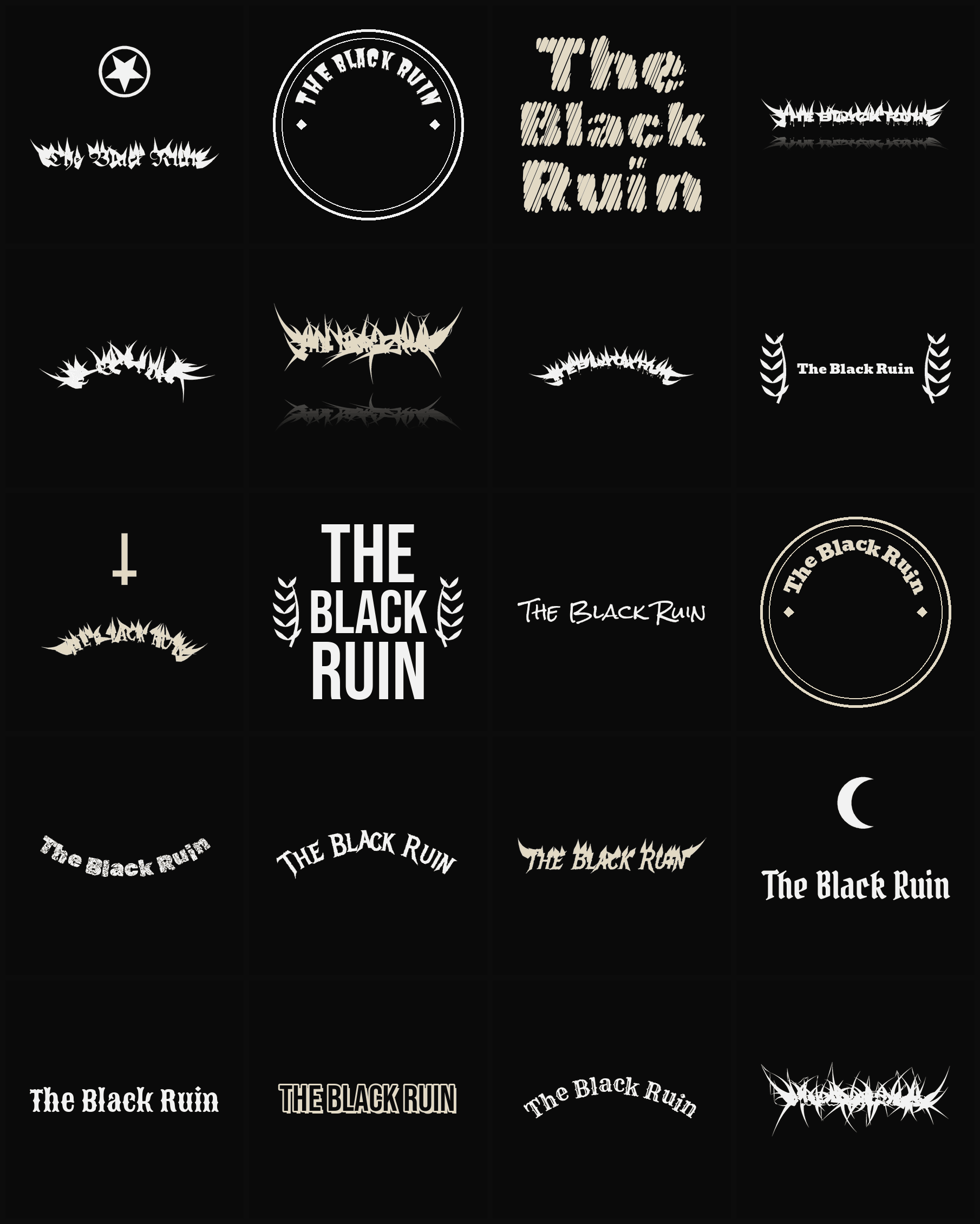 Twenty The Black Ruin band logo ideas — different faces, treatments and spike settings