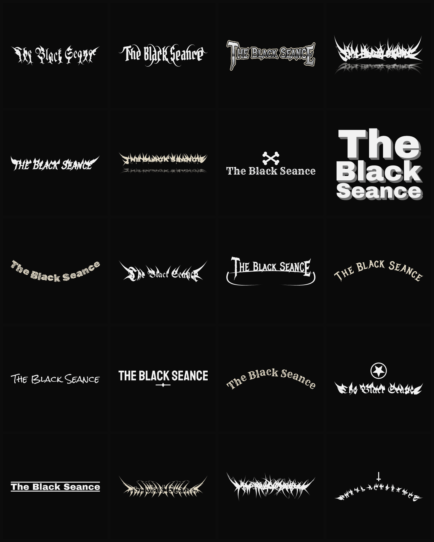 Twenty The Black Seance band logo ideas — different faces, treatments and spike settings