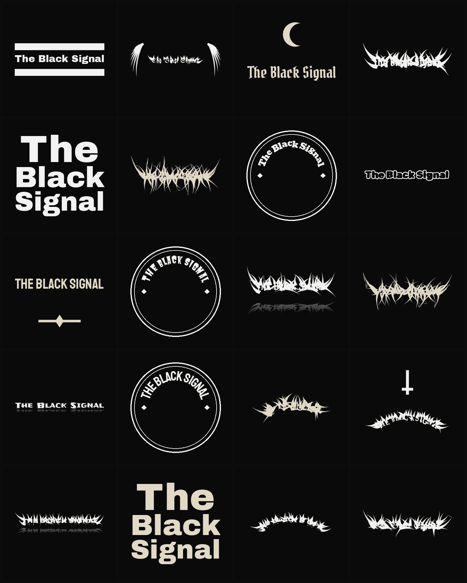 Twenty The Black Signal band logo ideas — different faces, treatments and spike settings
