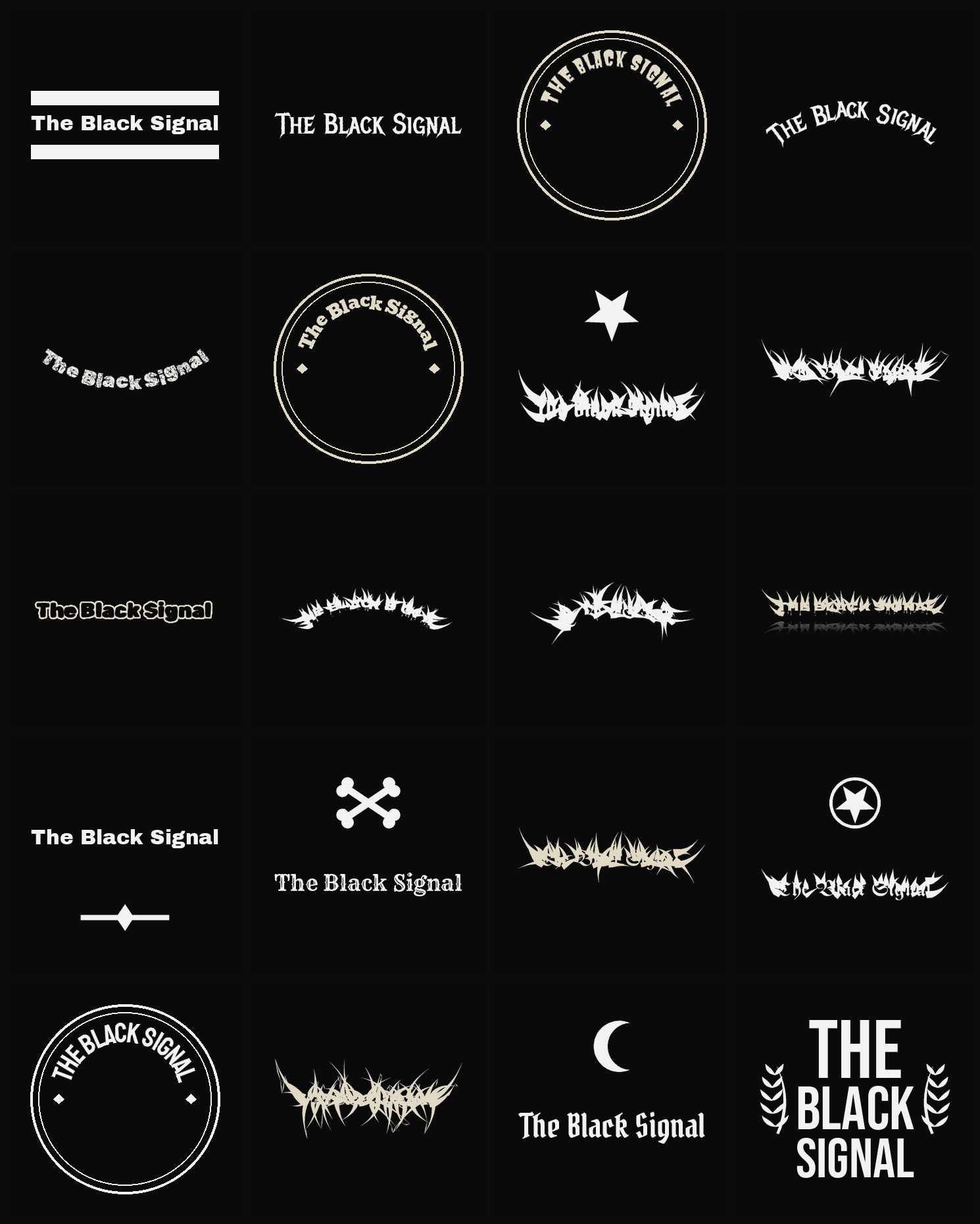 Twenty The Black Signal band logo ideas — different faces, treatments and spike settings