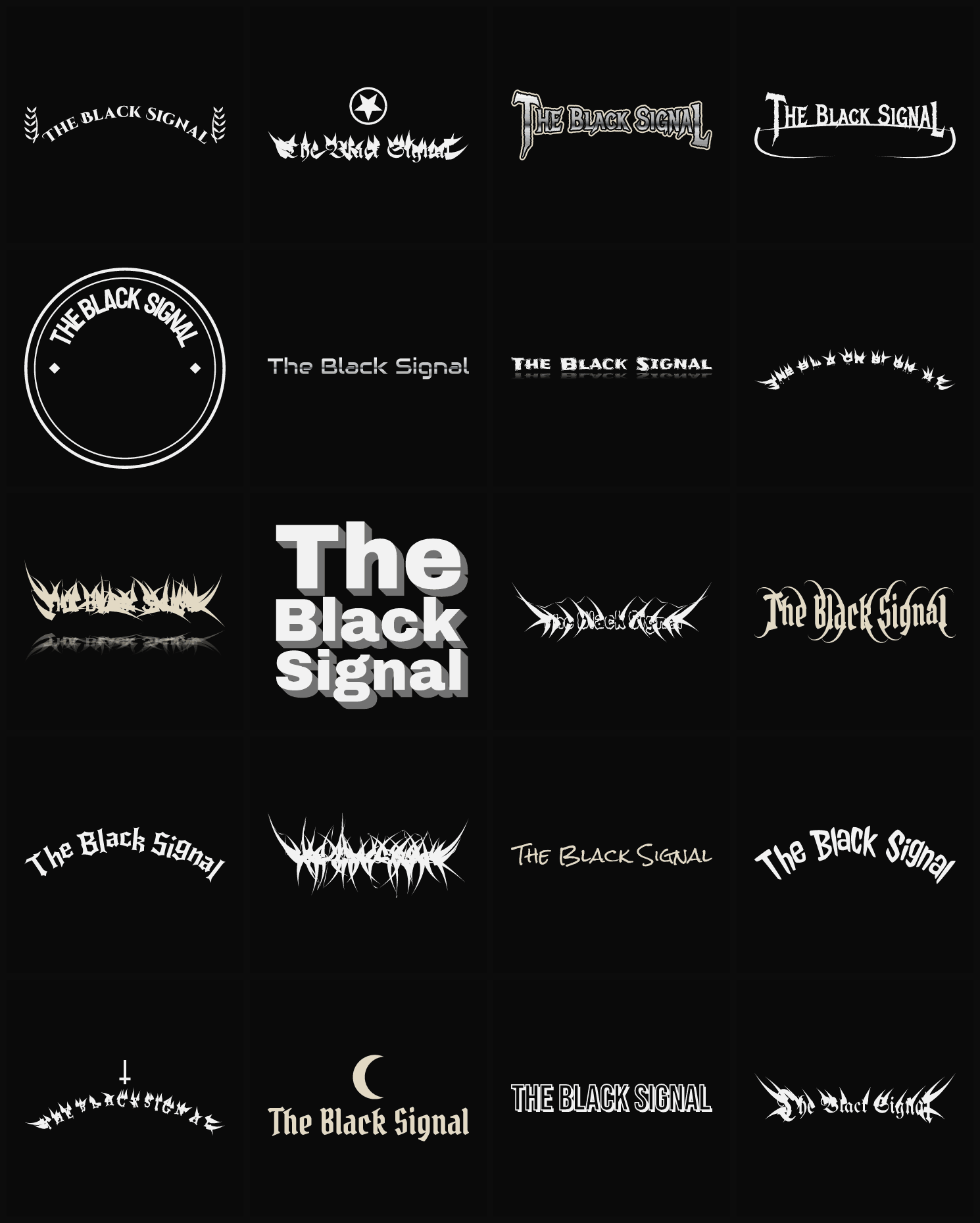 Twenty The Black Signal band logo ideas — different faces, treatments and spike settings