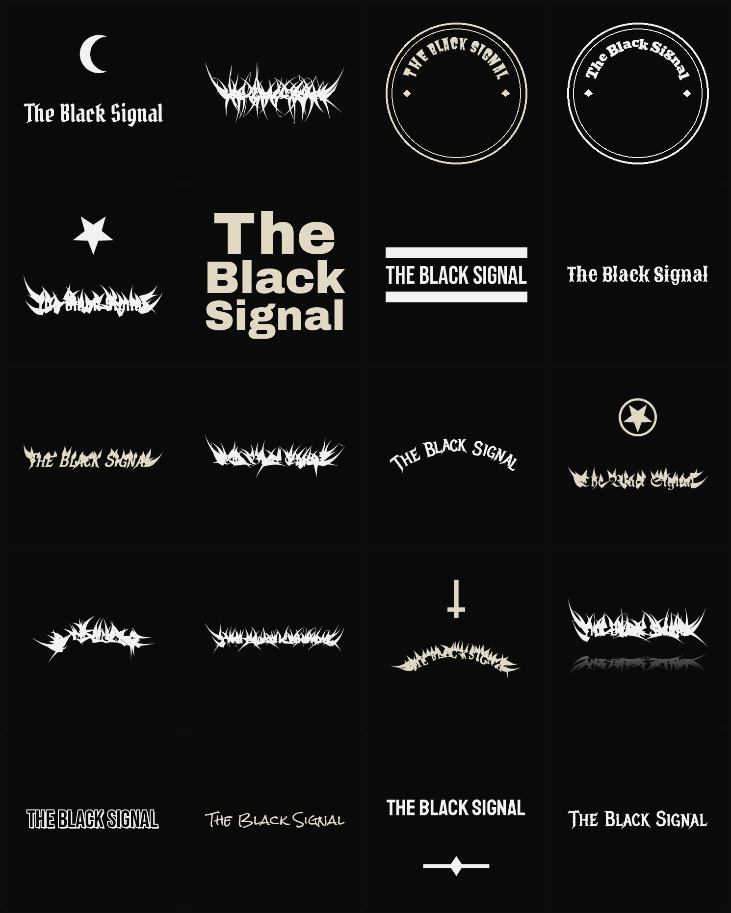 Twenty The Black Signal band logo ideas — different faces, treatments and spike settings
