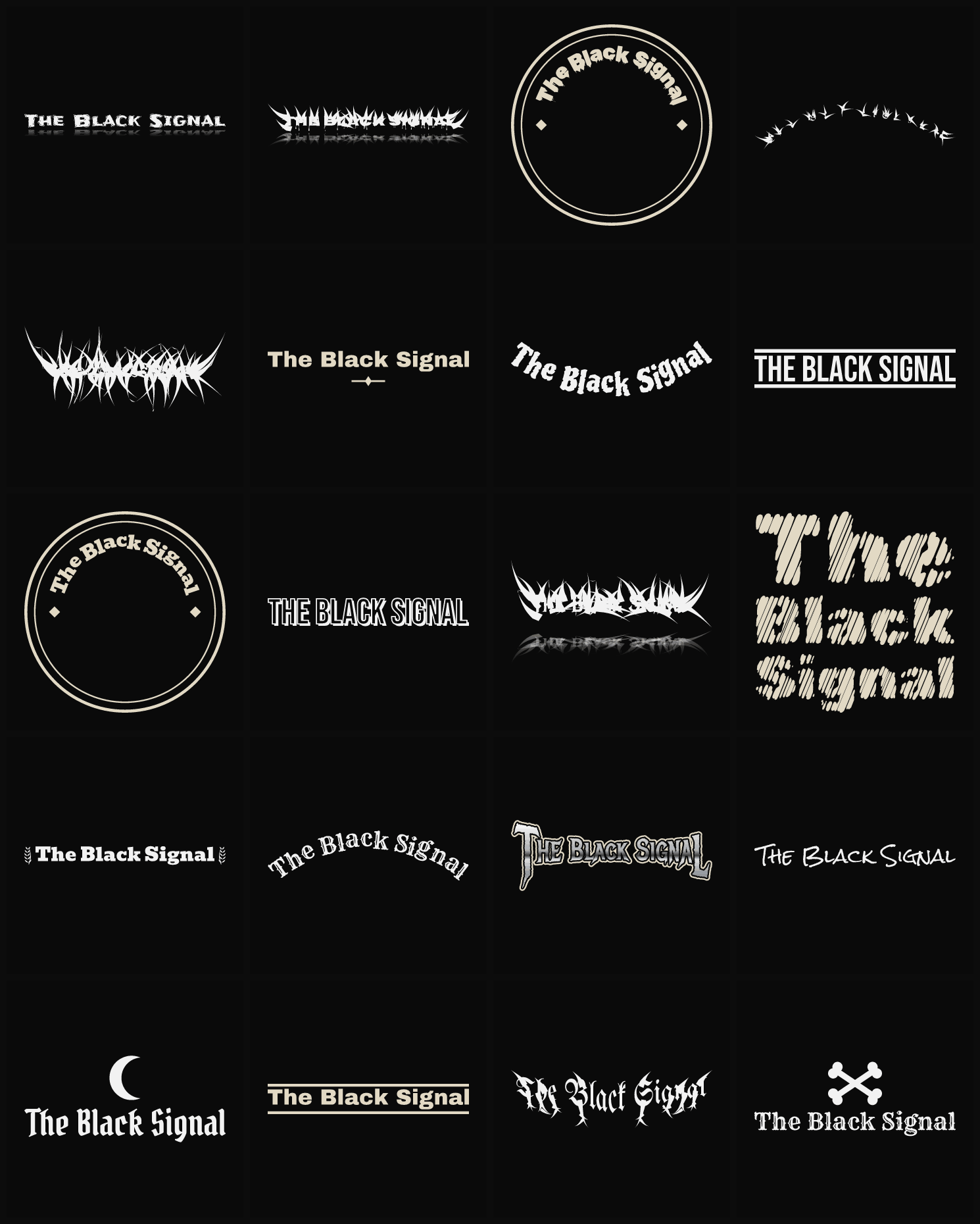 Twenty The Black Signal band logo ideas — different faces, treatments and spike settings