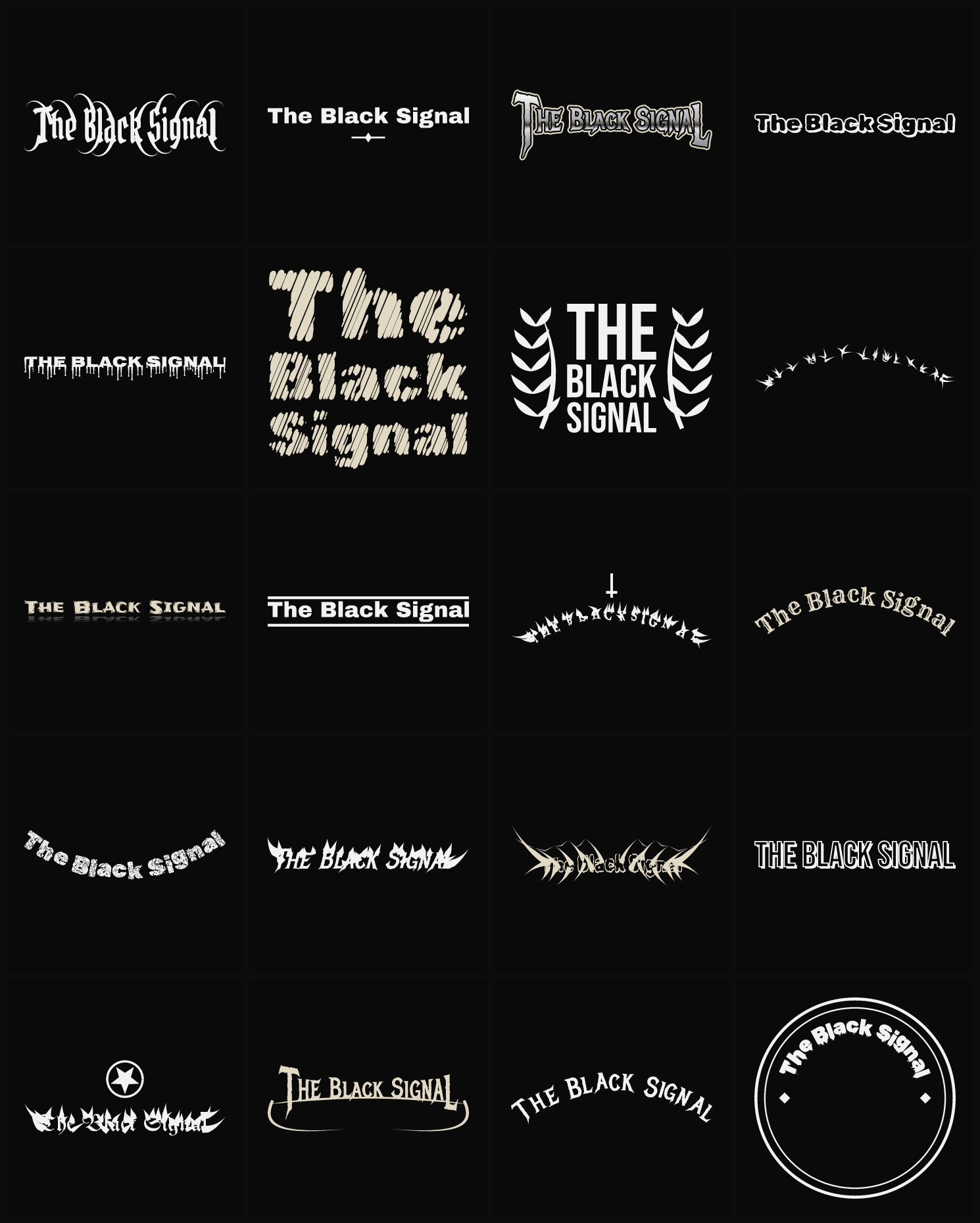 Twenty The Black Signal band logo ideas — different faces, treatments and spike settings