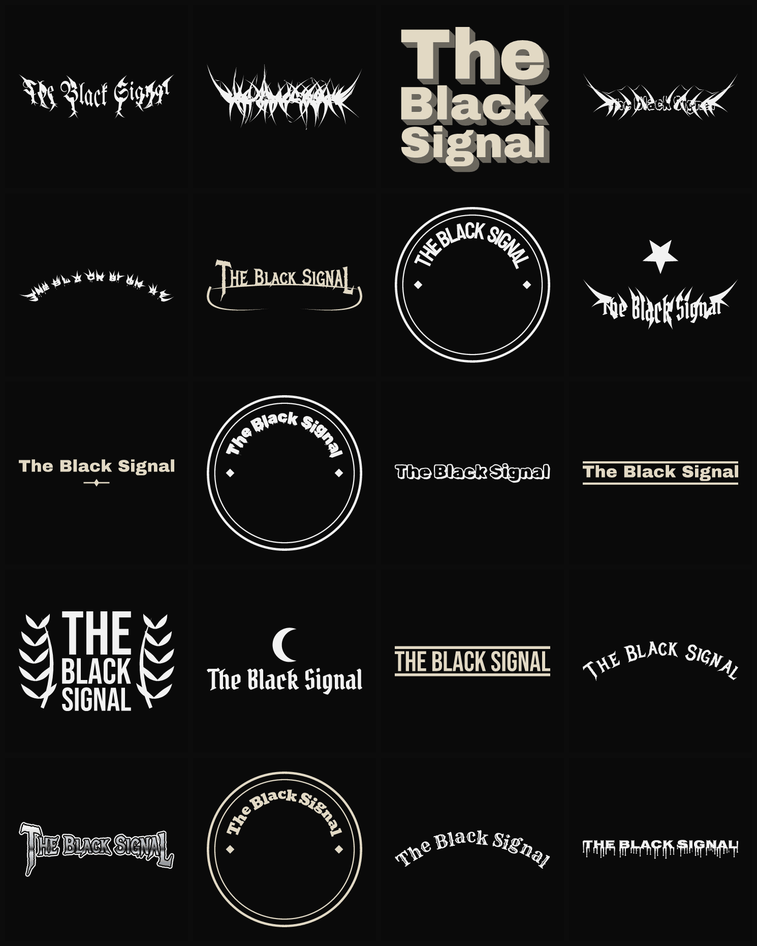 Twenty The Black Signal band logo ideas — different faces, treatments and spike settings