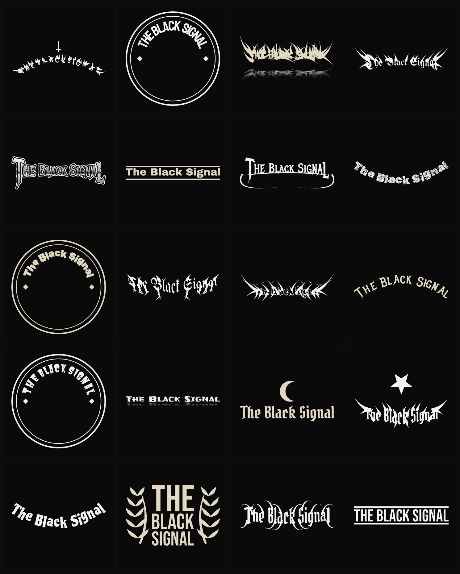 Twenty The Black Signal band logo ideas — different faces, treatments and spike settings