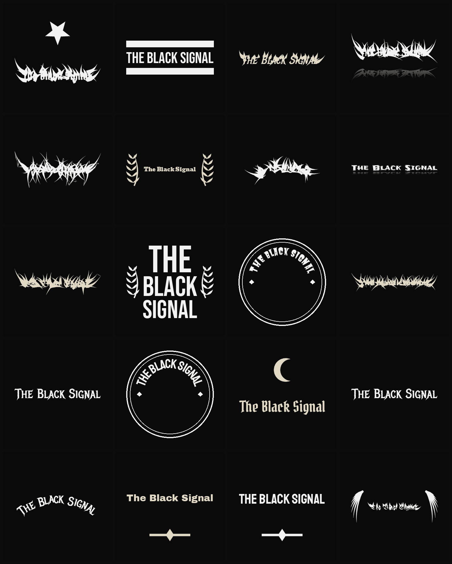 Twenty The Black Signal band logo ideas — different faces, treatments and spike settings