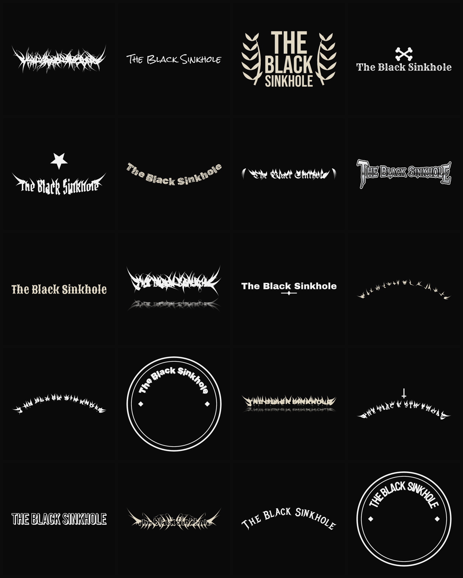 Twenty The Black Sinkhole band logo ideas — different faces, treatments and spike settings