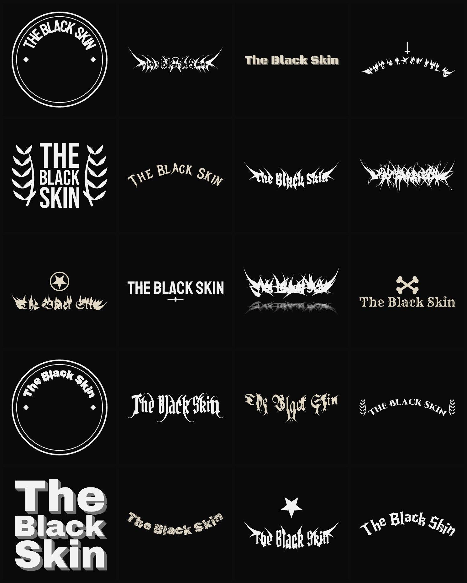 Twenty The Black Skin band logo ideas — different faces, treatments and spike settings