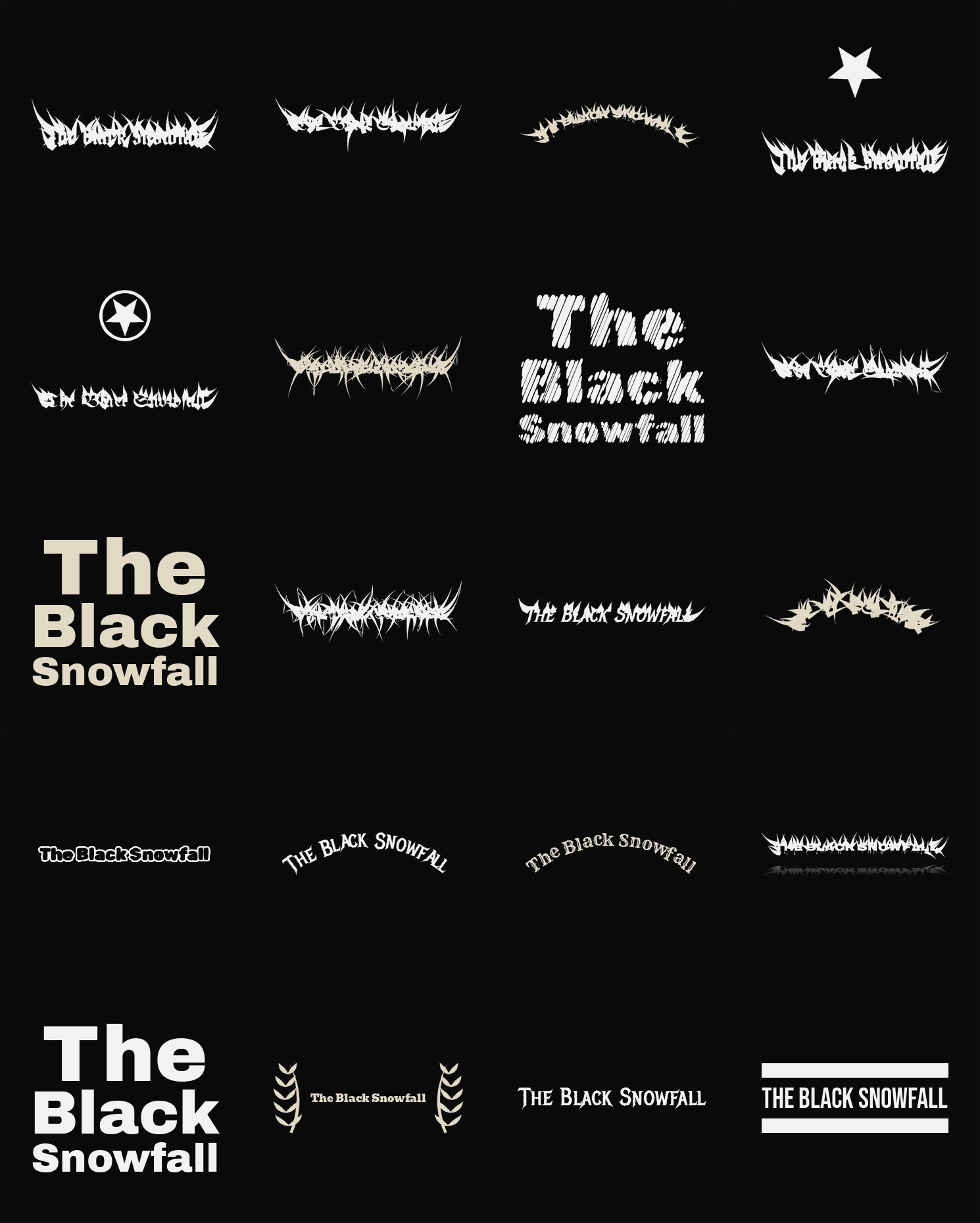 Twenty The Black Snowfall band logo ideas — different faces, treatments and spike settings