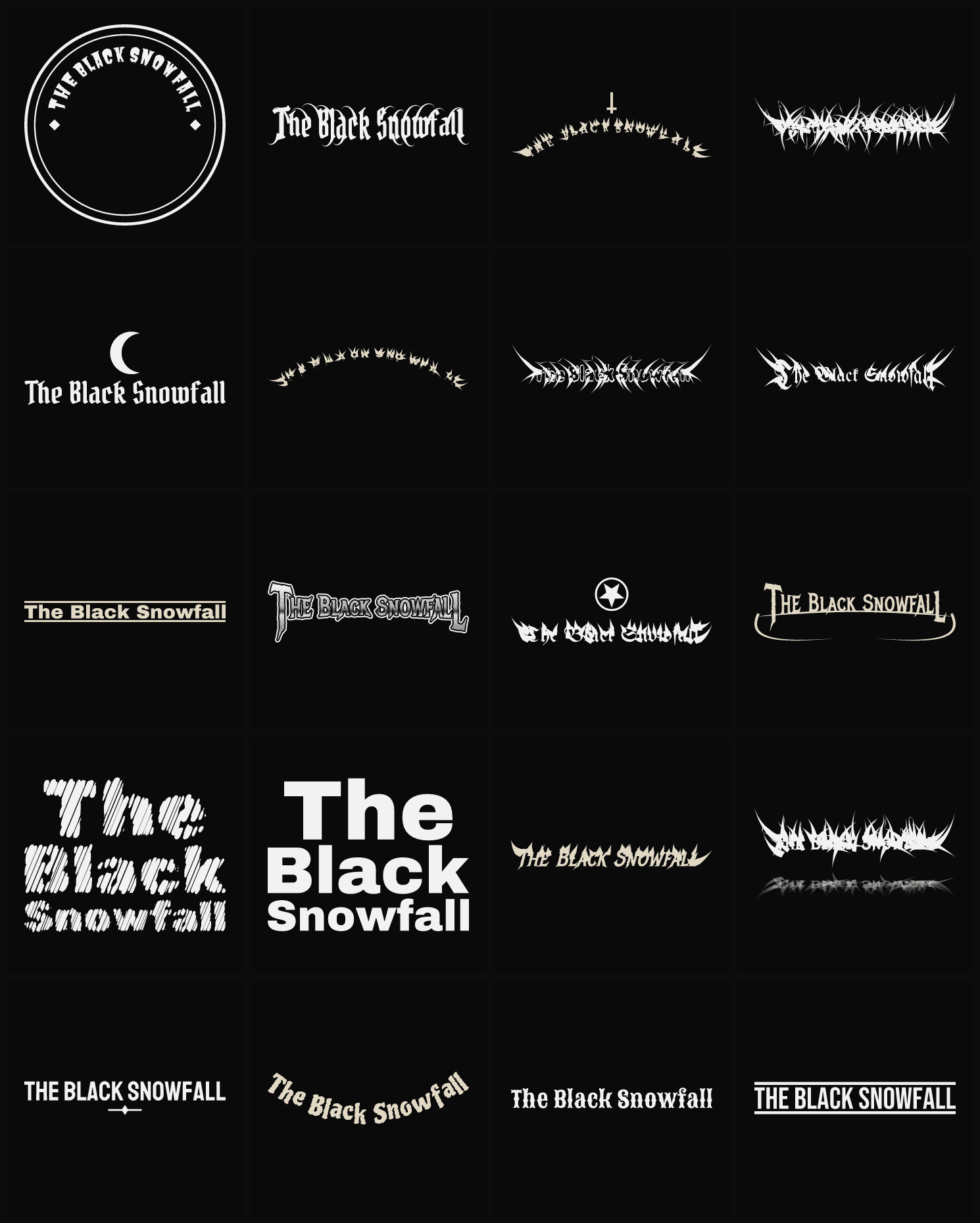 Twenty The Black Snowfall band logo ideas — different faces, treatments and spike settings