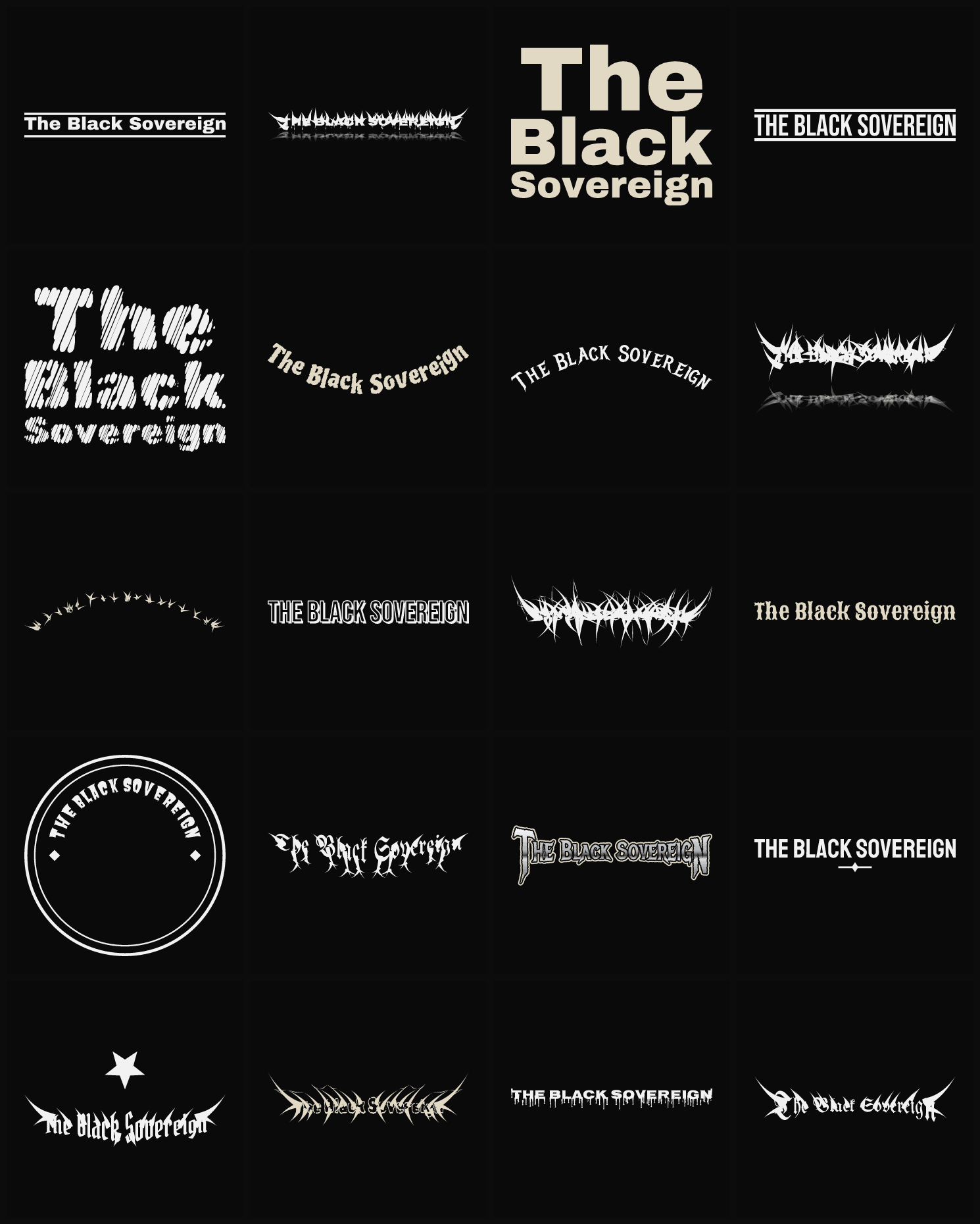 Twenty The Black Sovereign band logo ideas — different faces, treatments and spike settings