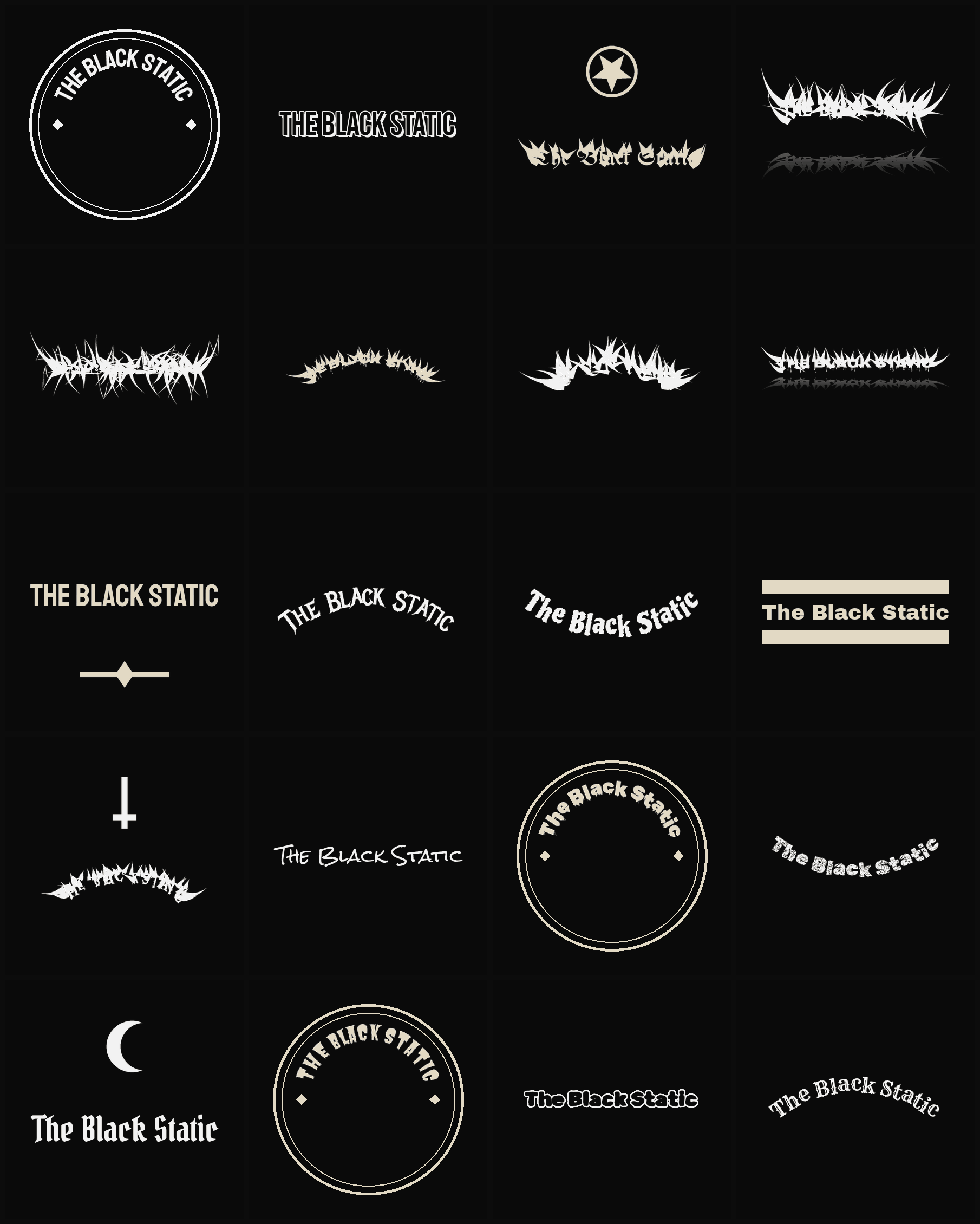 Twenty The Black Static band logo ideas — different faces, treatments and spike settings
