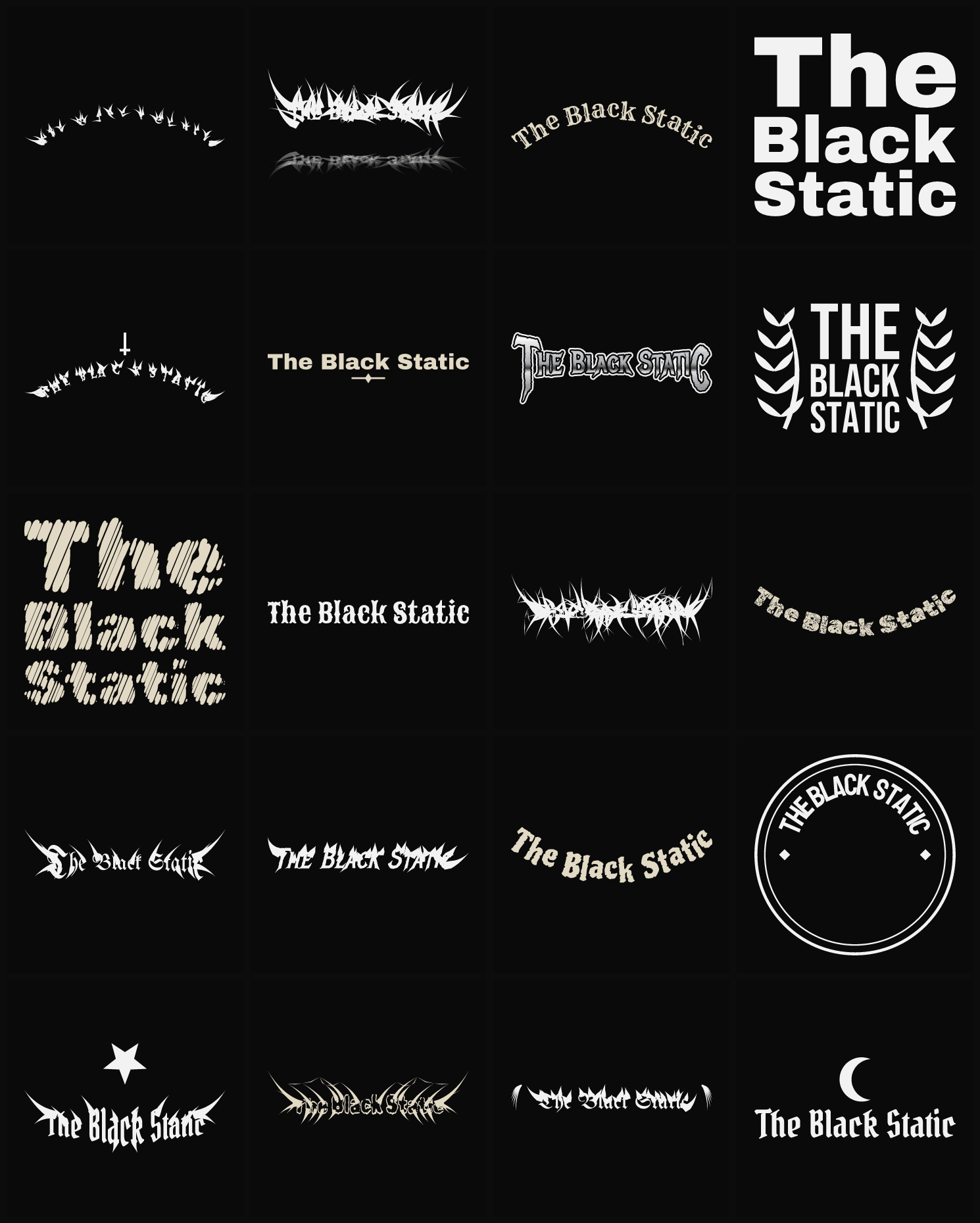 Twenty The Black Static band logo ideas — different faces, treatments and spike settings