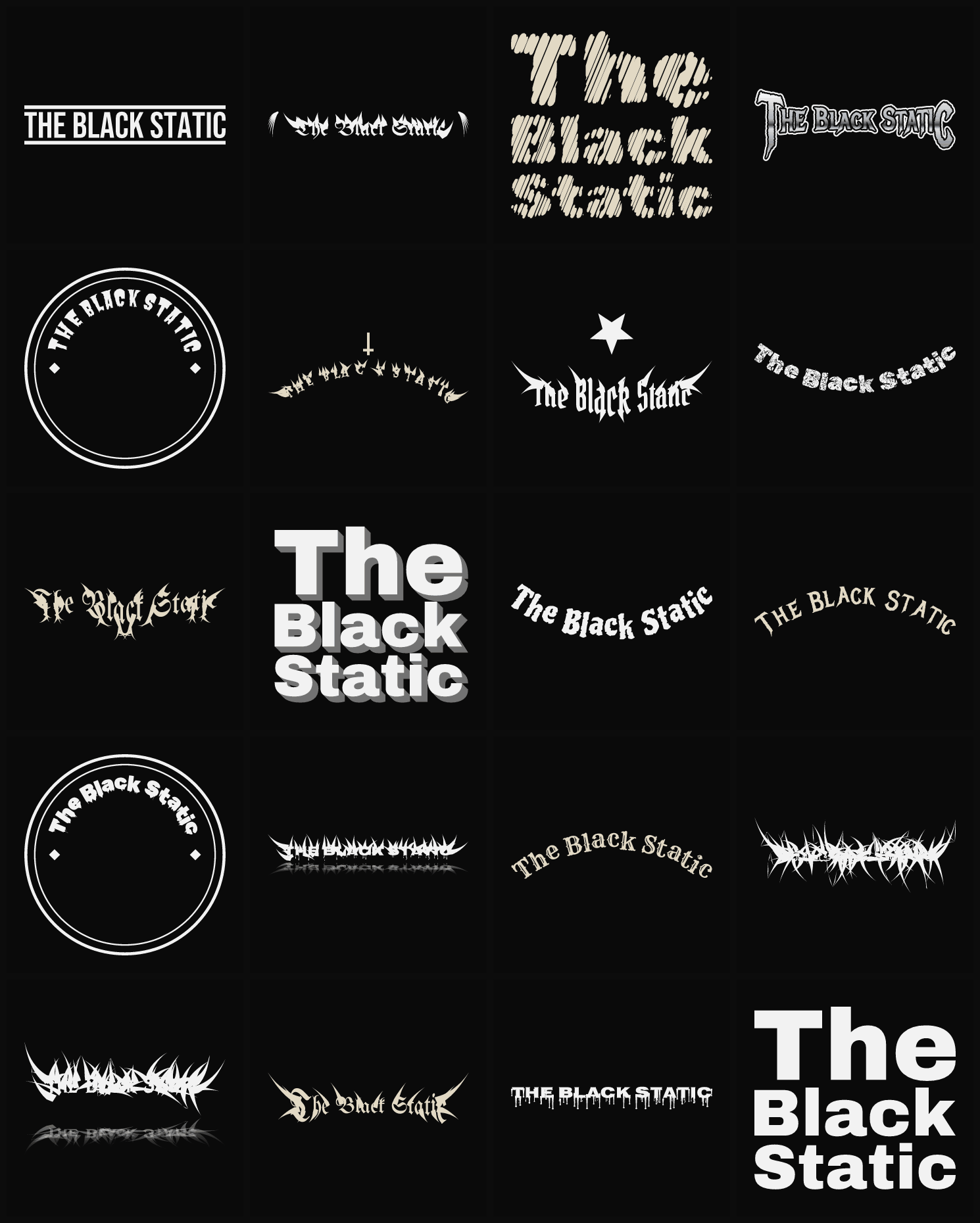 Twenty The Black Static band logo ideas — different faces, treatments and spike settings
