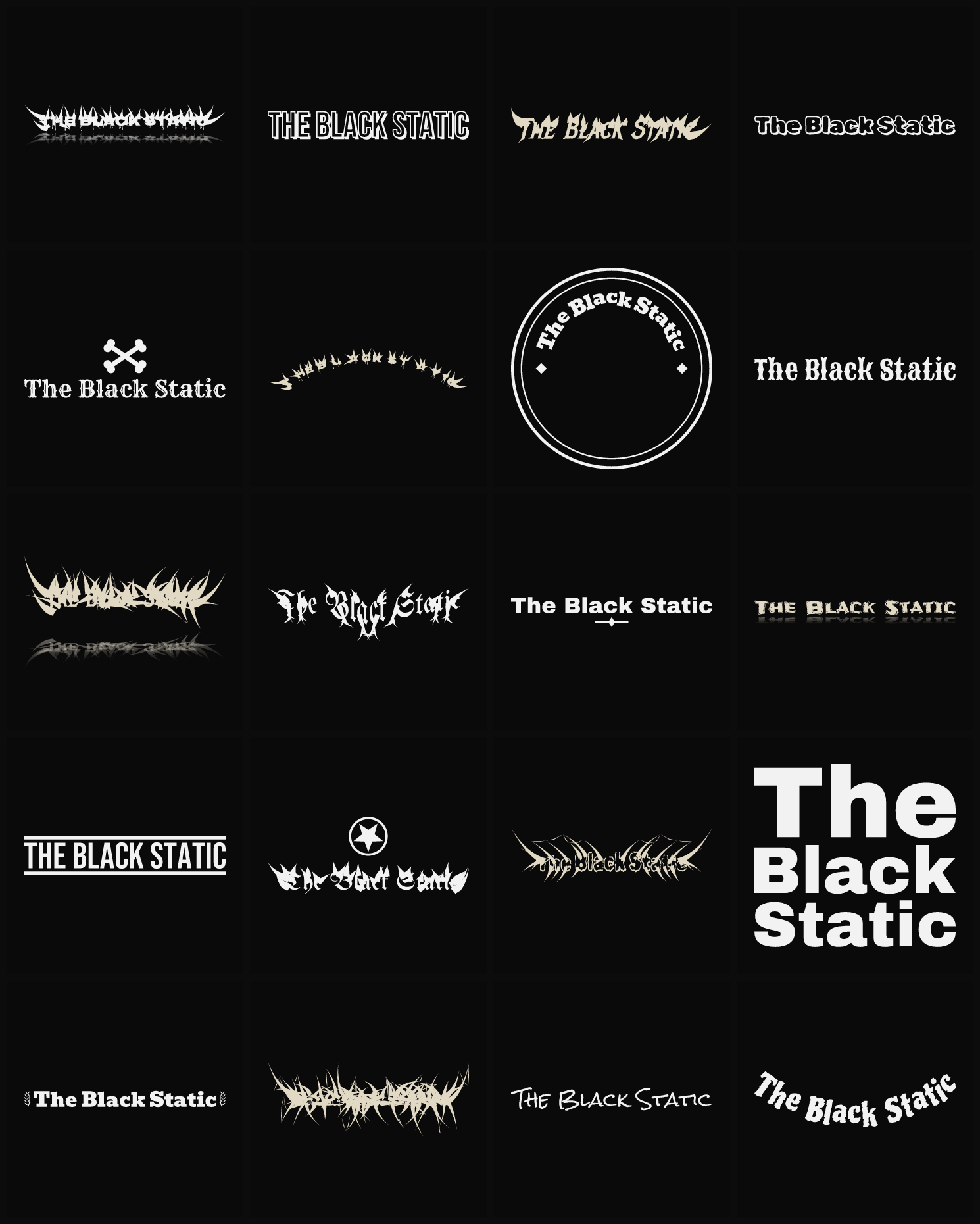 Twenty The Black Static band logo ideas — different faces, treatments and spike settings