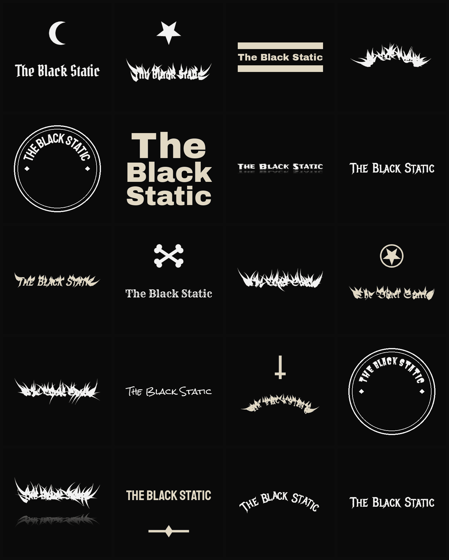 Twenty The Black Static band logo ideas — different faces, treatments and spike settings
