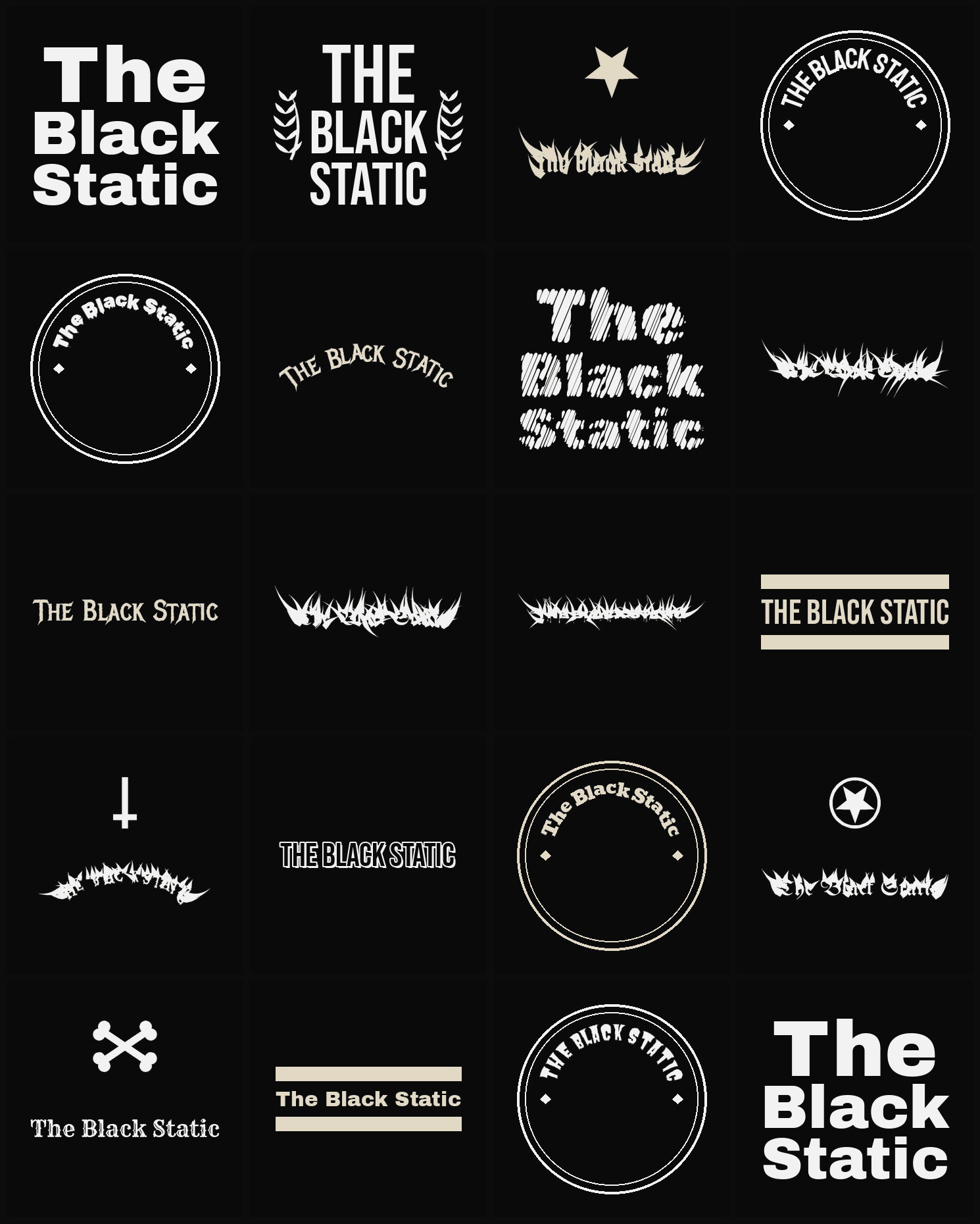Twenty The Black Static band logo ideas — different faces, treatments and spike settings