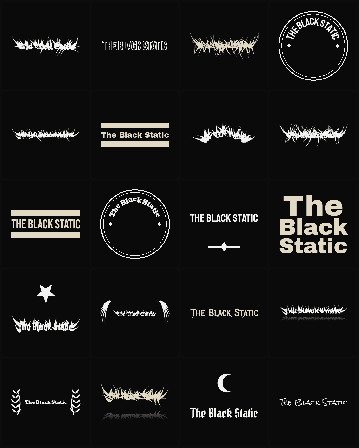 Twenty The Black Static band logo ideas — different faces, treatments and spike settings
