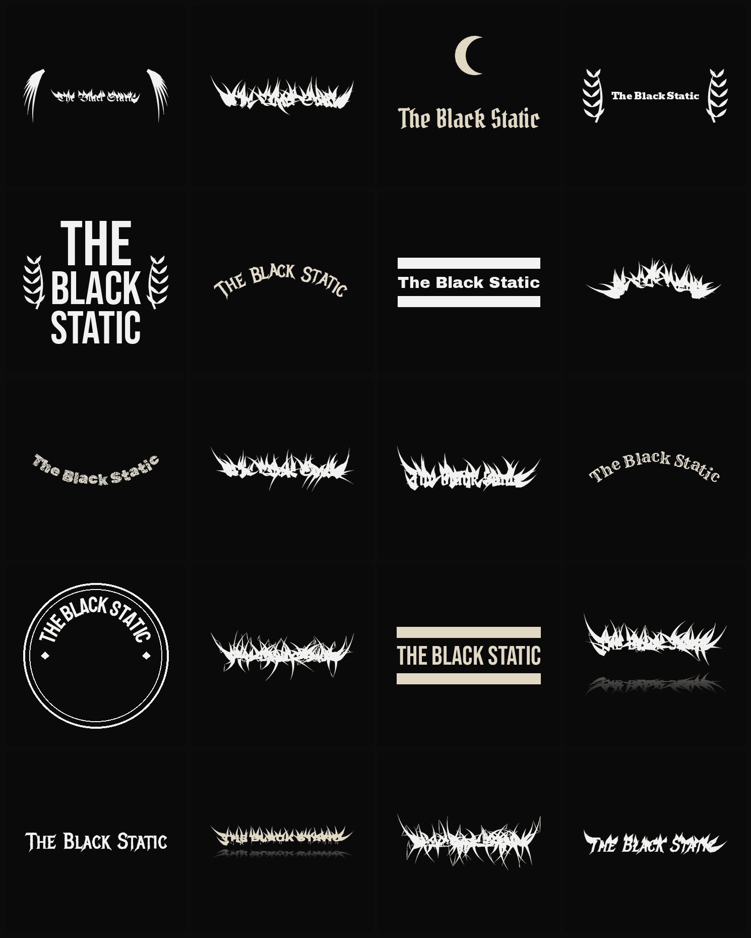 Twenty The Black Static band logo ideas — different faces, treatments and spike settings