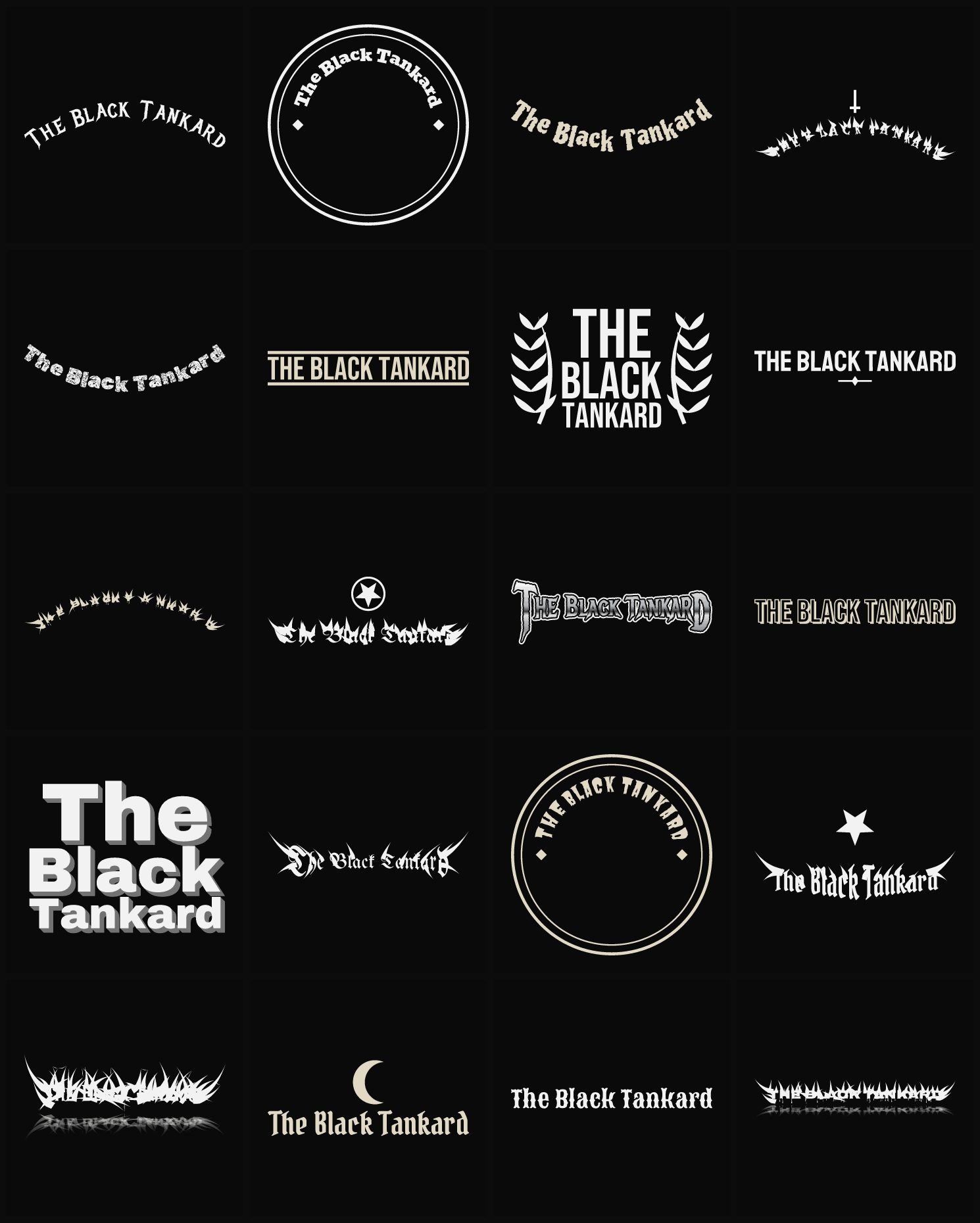 Twenty The Black Tankard band logo ideas — different faces, treatments and spike settings