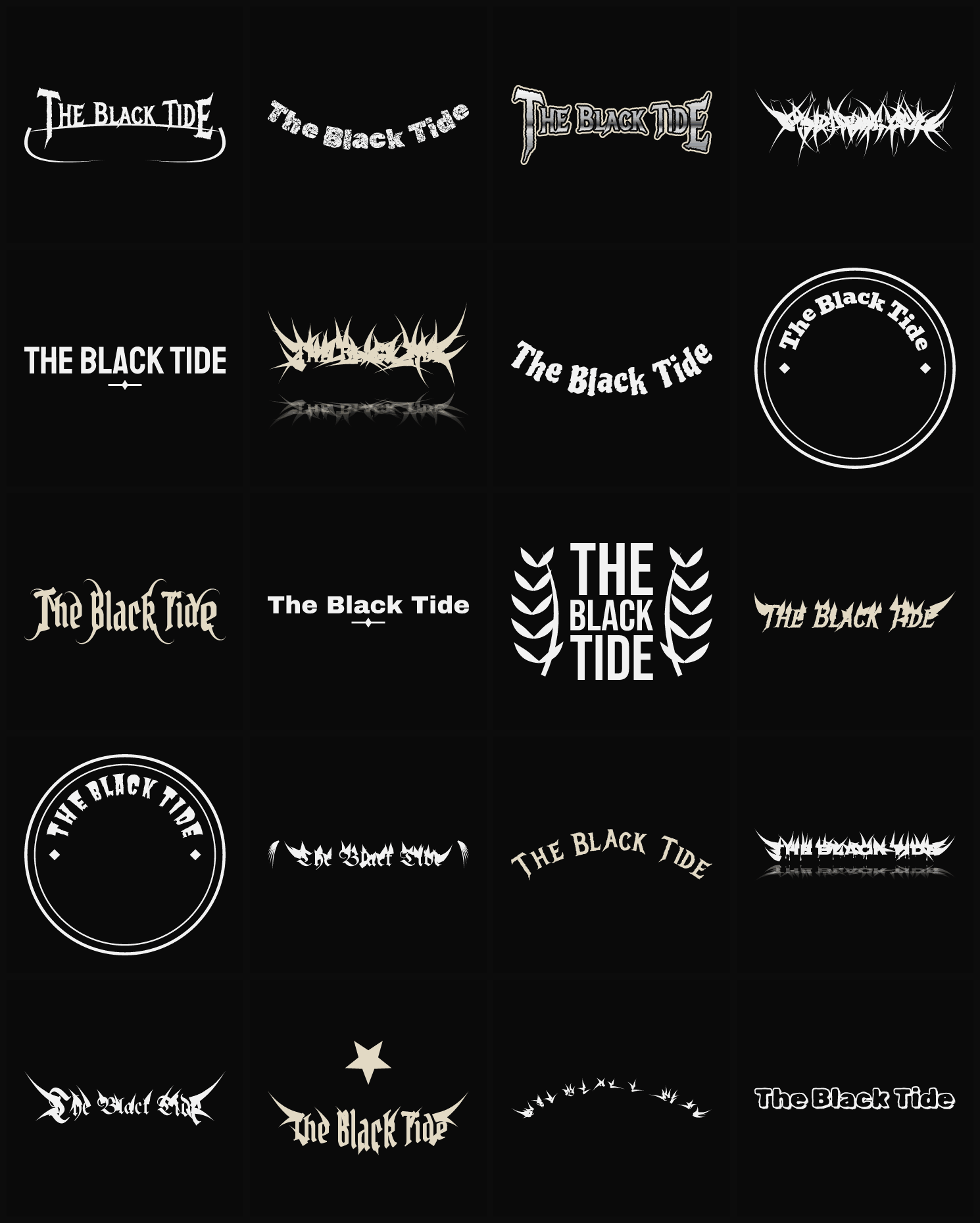Twenty The Black Tide band logo ideas — different faces, treatments and spike settings