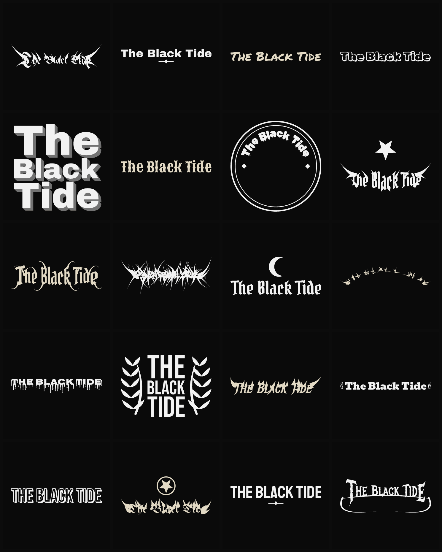 Twenty The Black Tide band logo ideas — different faces, treatments and spike settings
