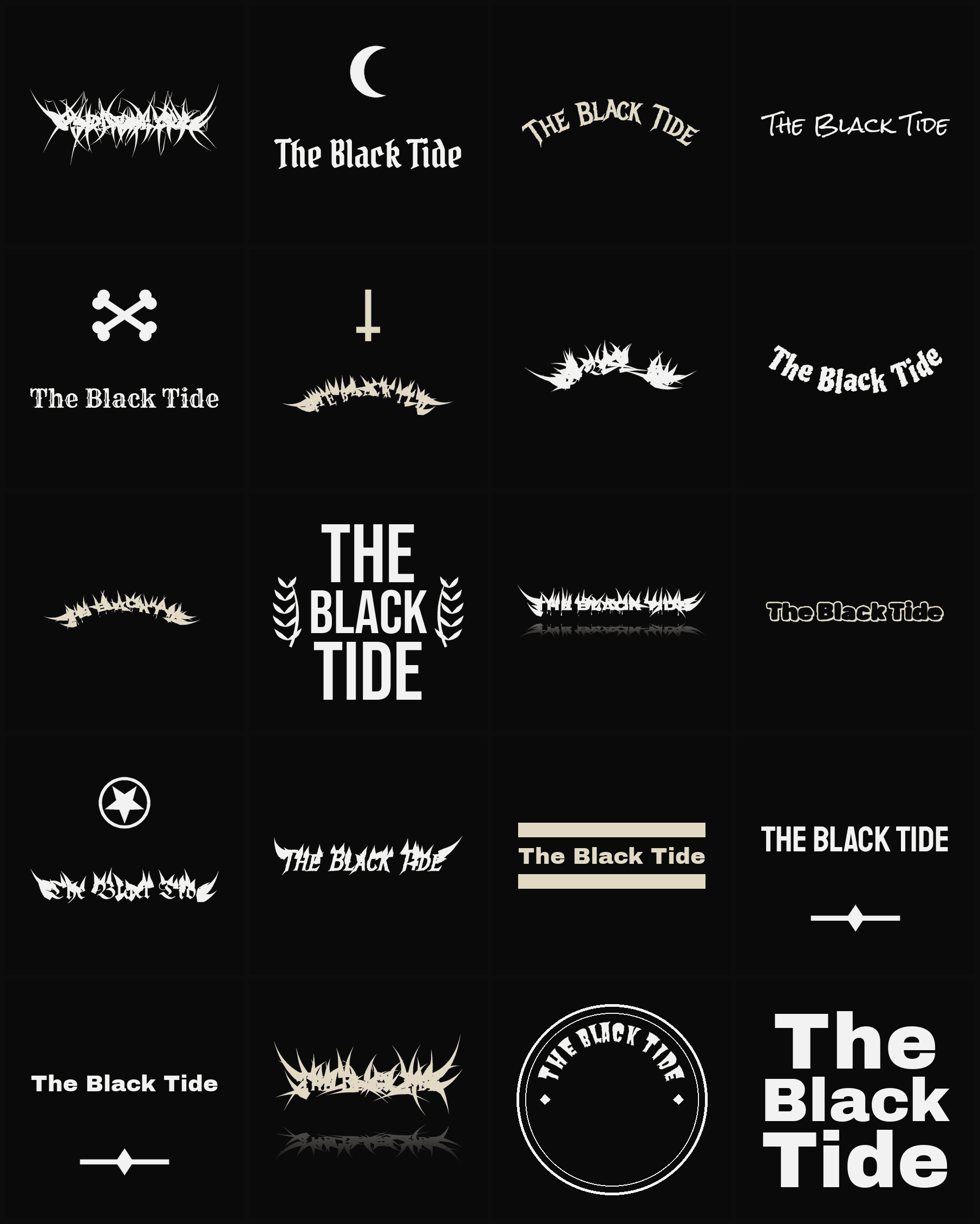 Twenty The Black Tide band logo ideas — different faces, treatments and spike settings