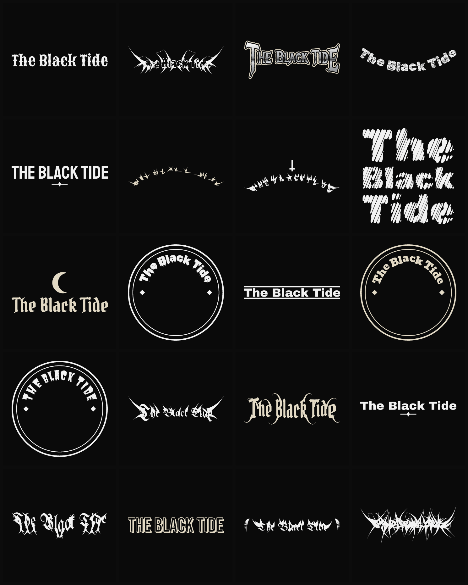 Twenty The Black Tide band logo ideas — different faces, treatments and spike settings