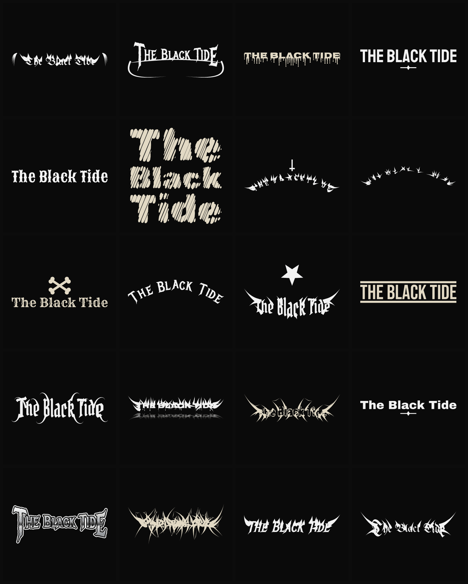 Twenty The Black Tide band logo ideas — different faces, treatments and spike settings
