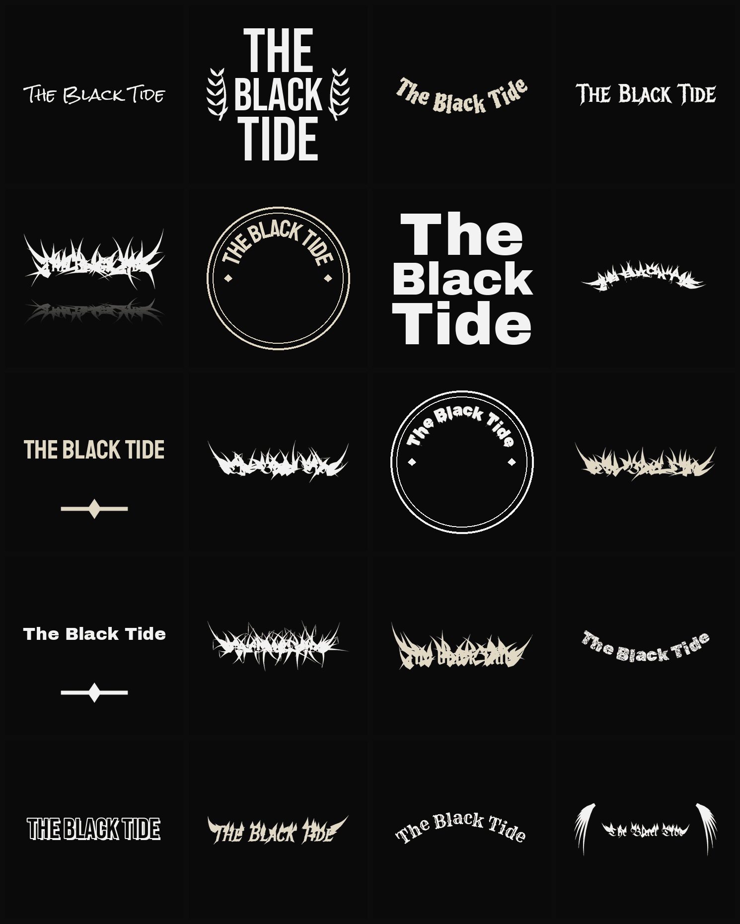 Twenty The Black Tide band logo ideas — different faces, treatments and spike settings