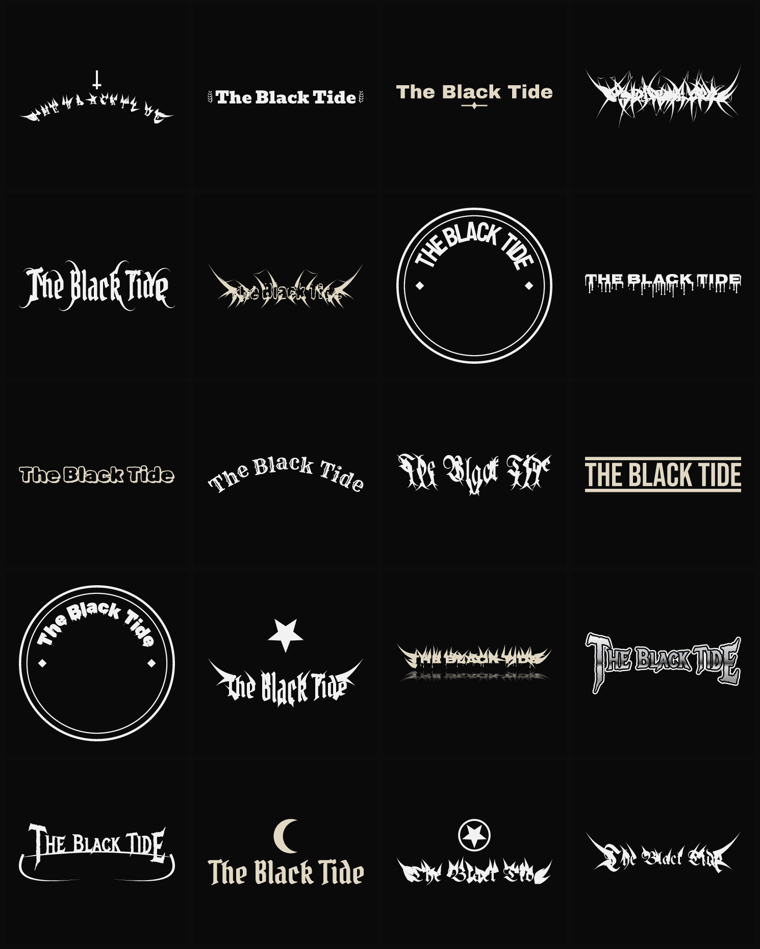 Twenty The Black Tide band logo ideas — different faces, treatments and spike settings