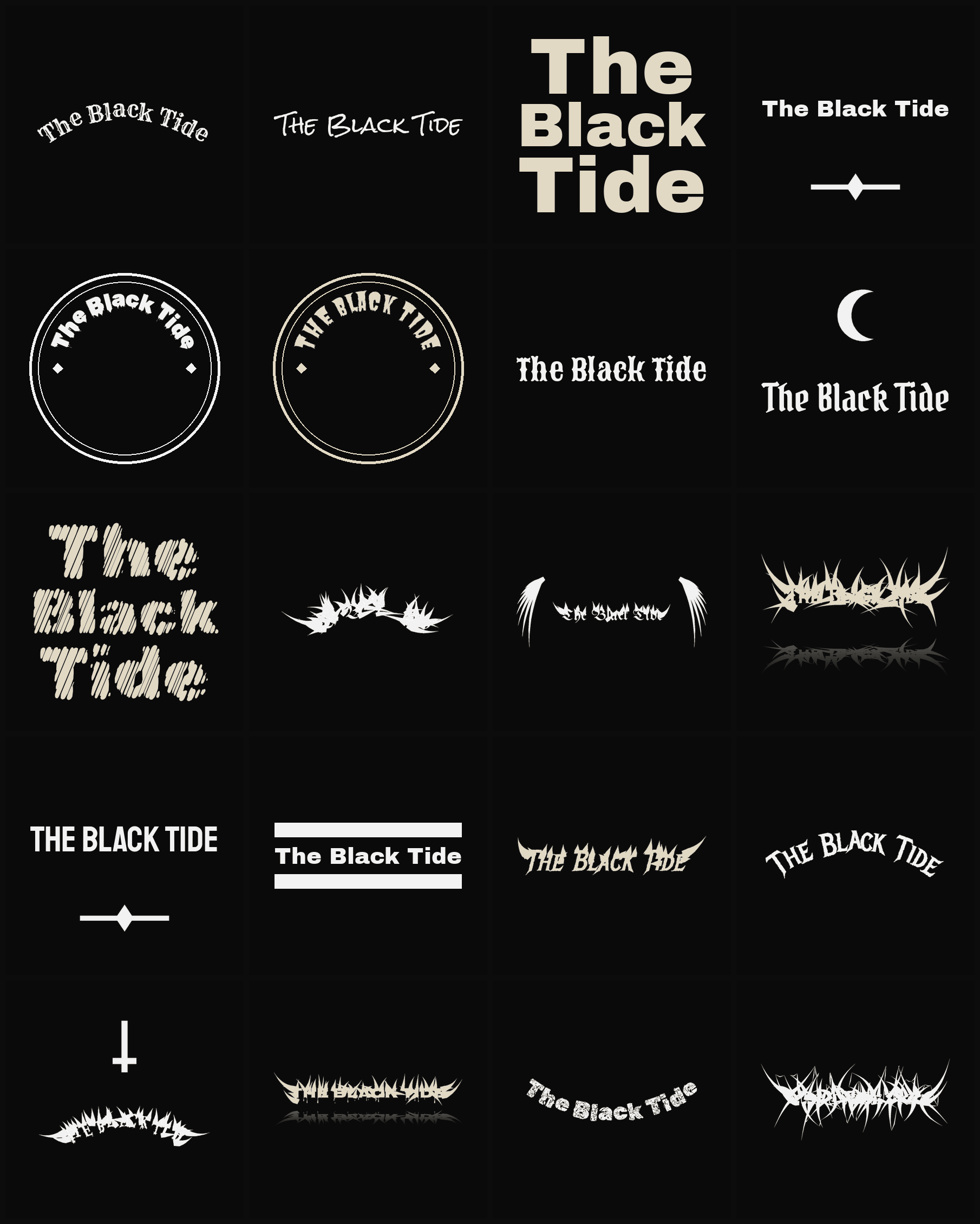 Twenty The Black Tide band logo ideas — different faces, treatments and spike settings