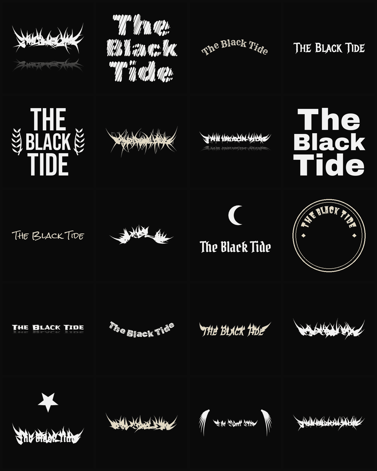 Twenty The Black Tide band logo ideas — different faces, treatments and spike settings