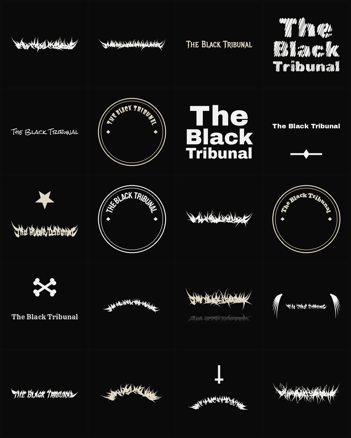 Twenty The Black Tribunal band logo ideas — different faces, treatments and spike settings