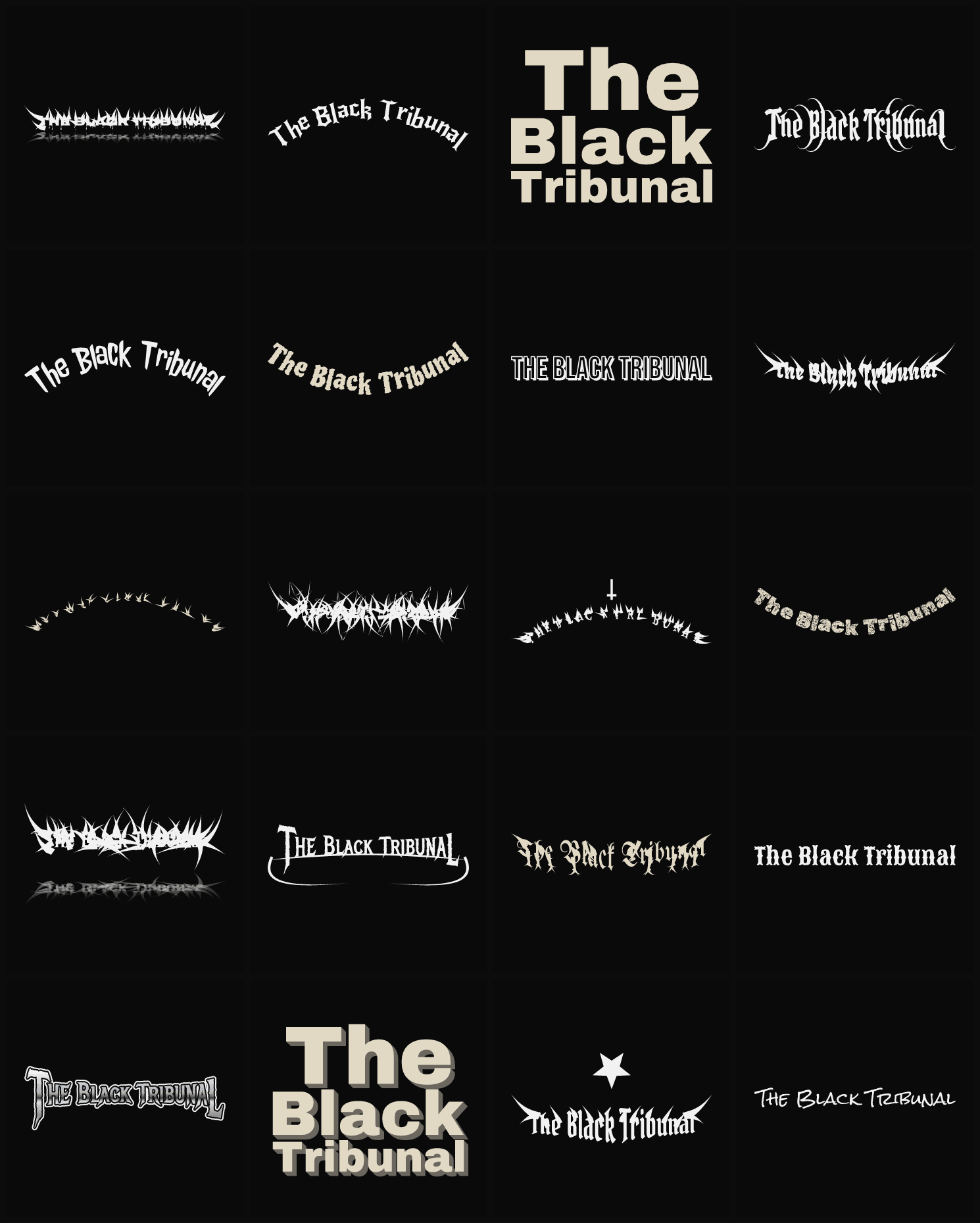 Twenty The Black Tribunal band logo ideas — different faces, treatments and spike settings