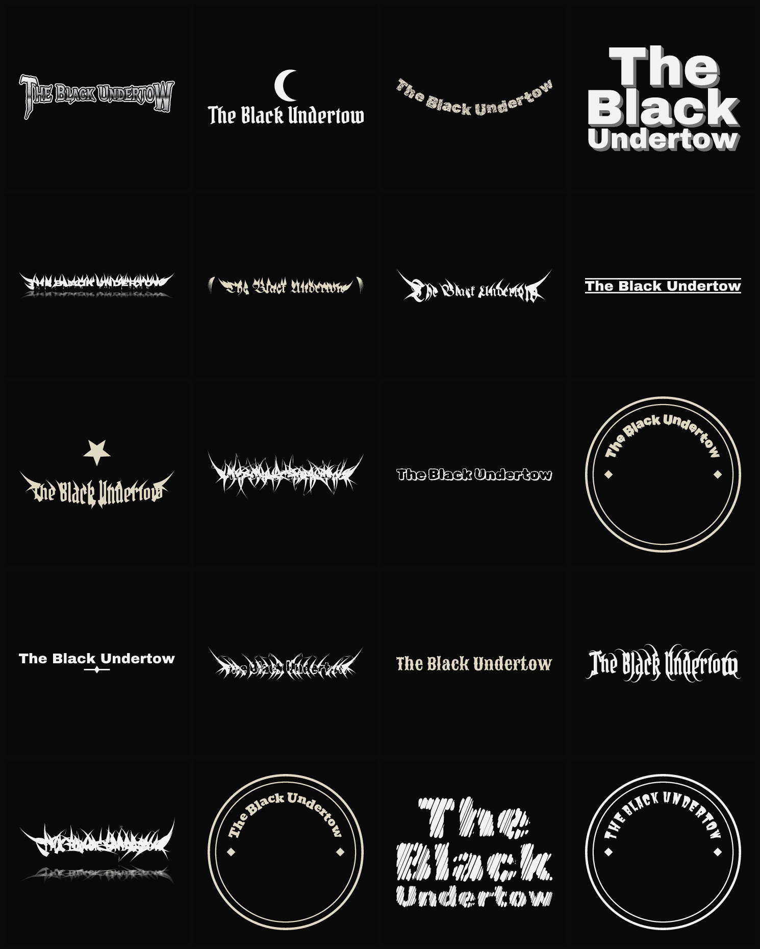 Twenty The Black Undertow band logo ideas — different faces, treatments and spike settings