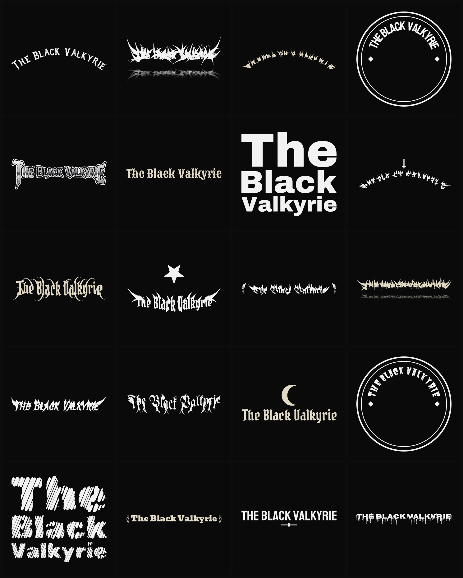Twenty The Black Valkyrie band logo ideas — different faces, treatments and spike settings