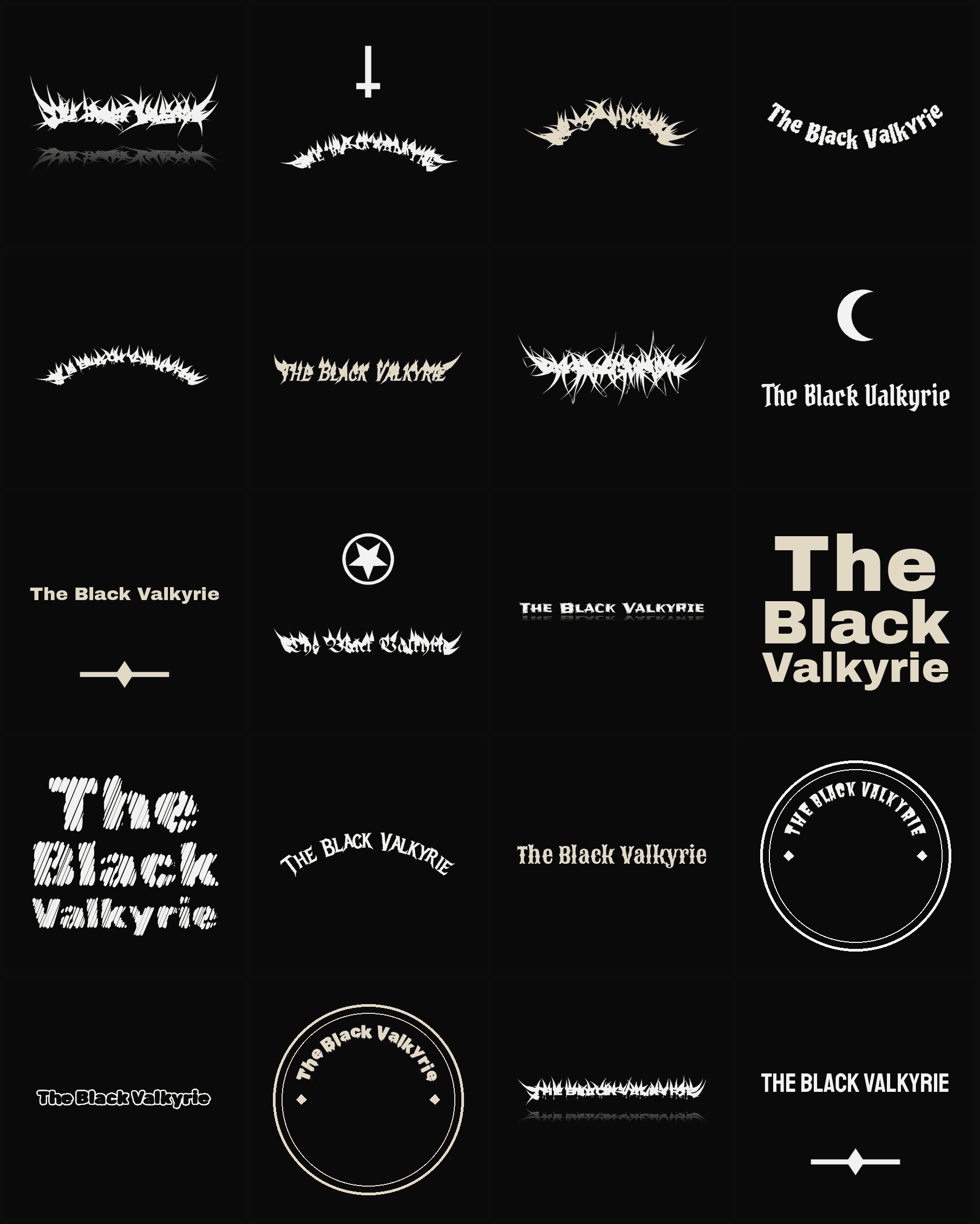 Twenty The Black Valkyrie band logo ideas — different faces, treatments and spike settings