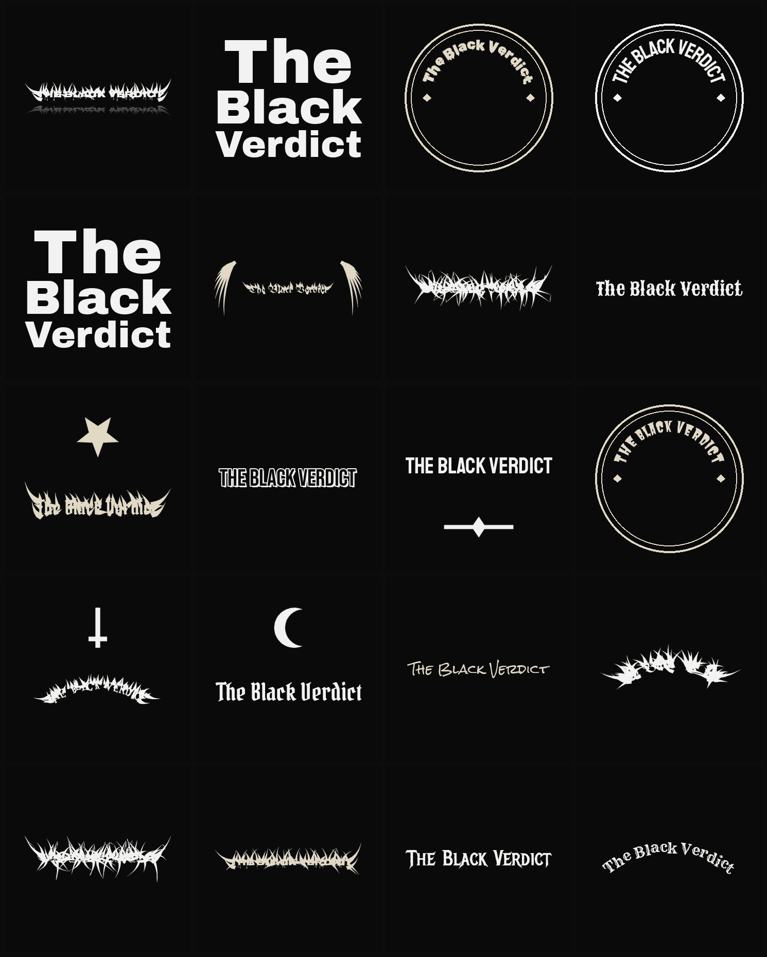 Twenty The Black Verdict band logo ideas — different faces, treatments and spike settings