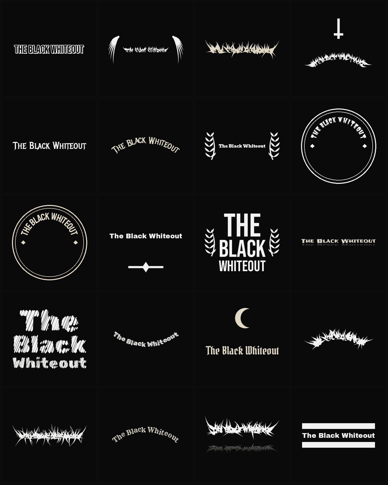 Twenty The Black Whiteout band logo ideas — different faces, treatments and spike settings