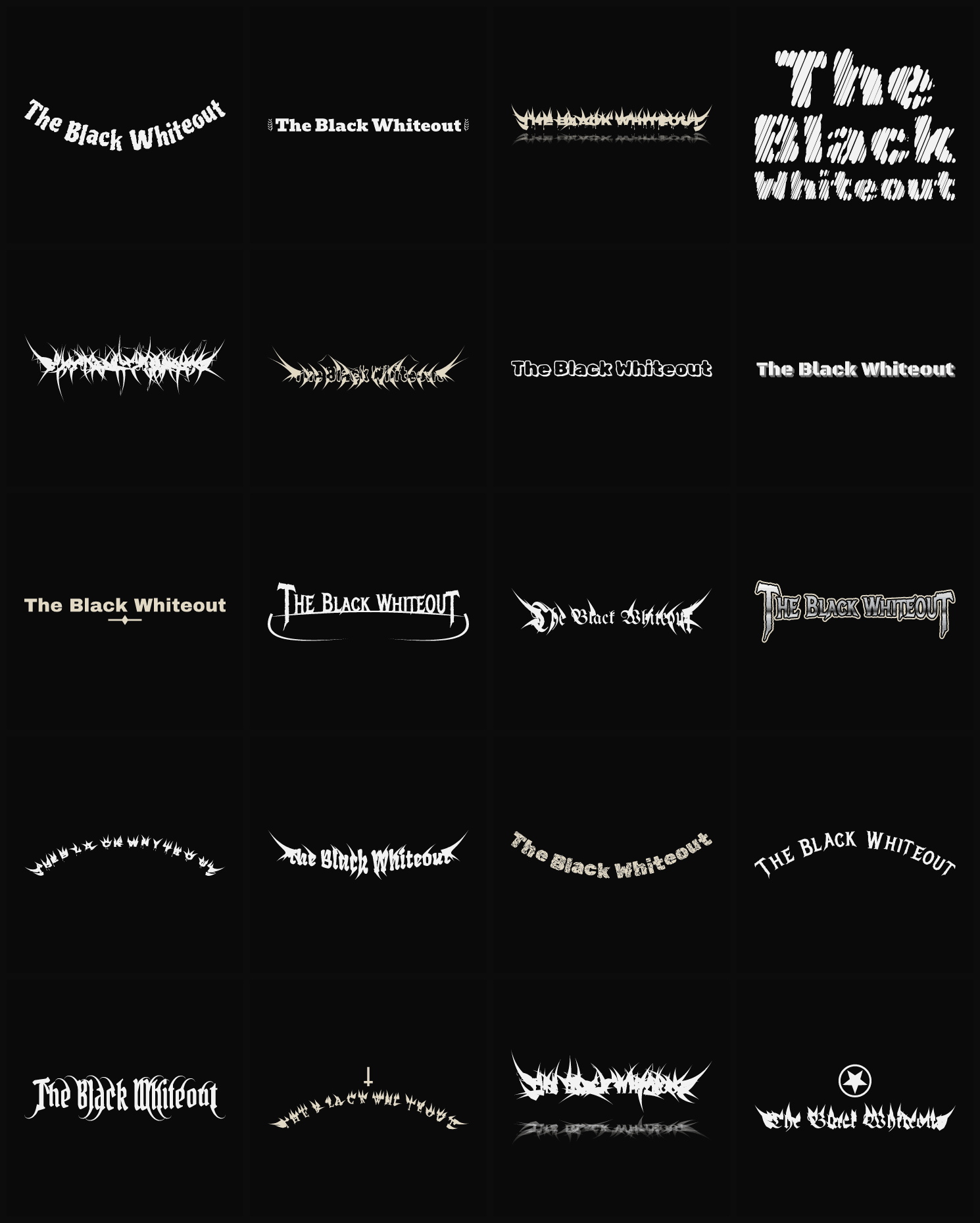 Twenty The Black Whiteout band logo ideas — different faces, treatments and spike settings
