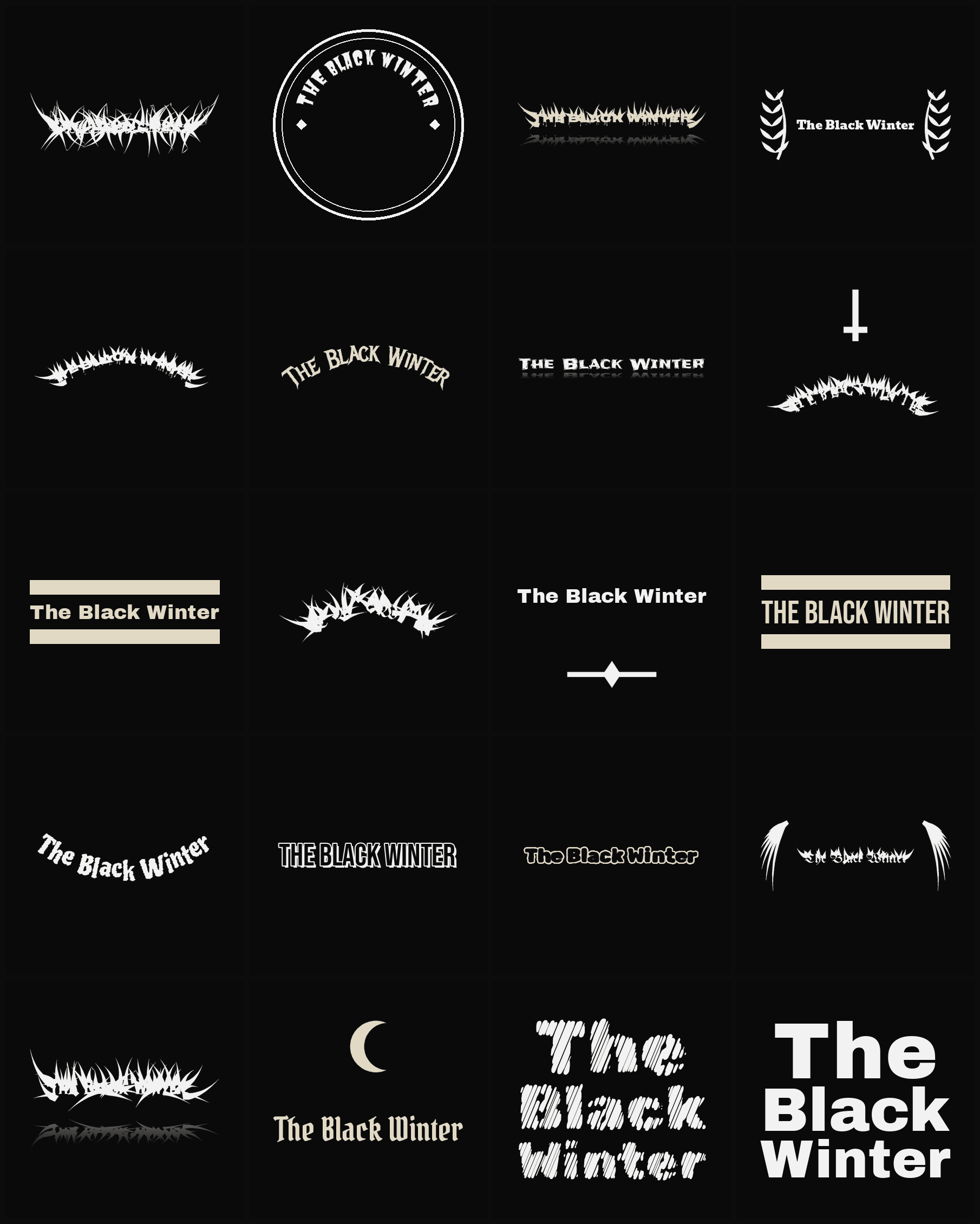 Twenty The Black Winter band logo ideas — different faces, treatments and spike settings