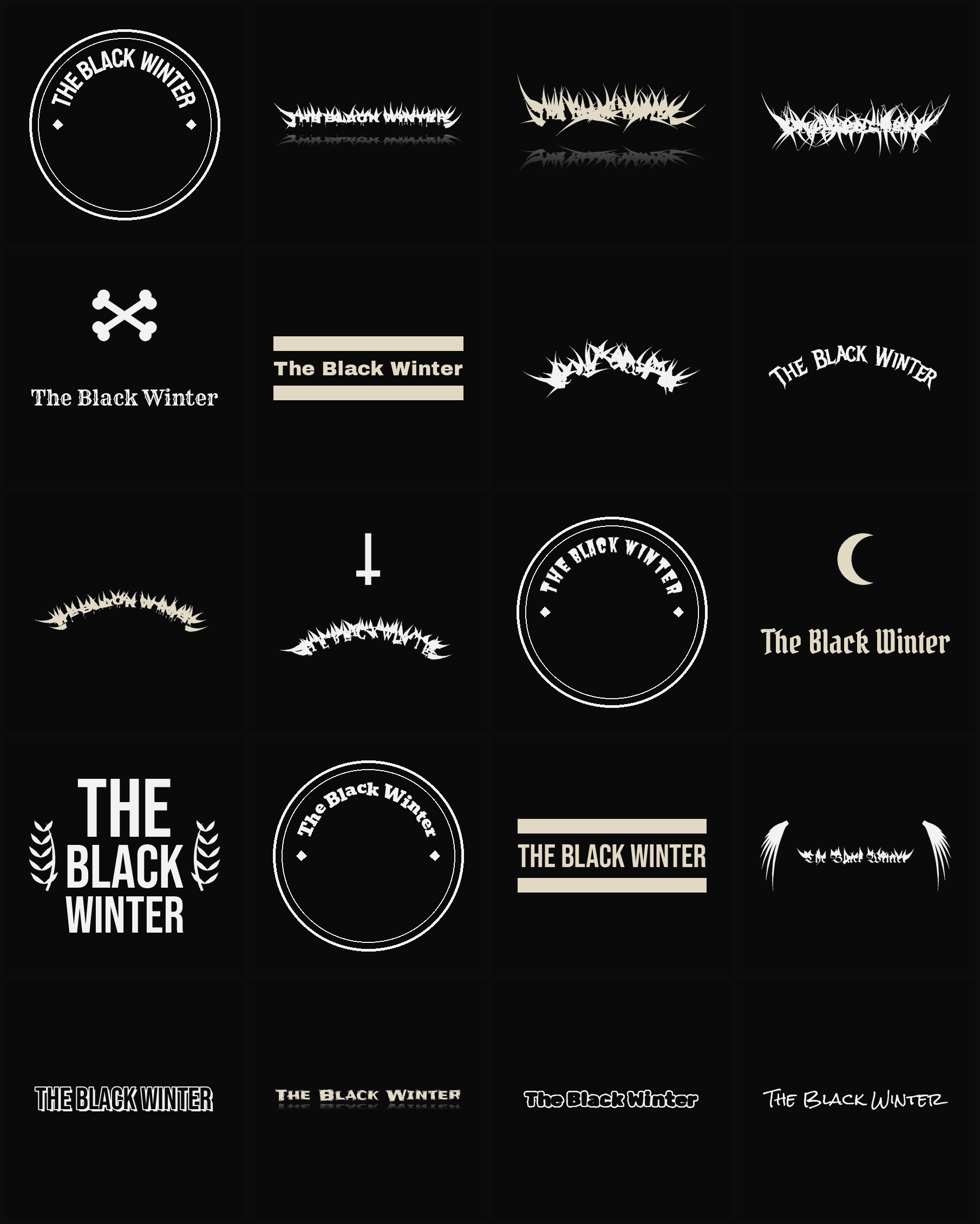 Twenty The Black Winter band logo ideas — different faces, treatments and spike settings