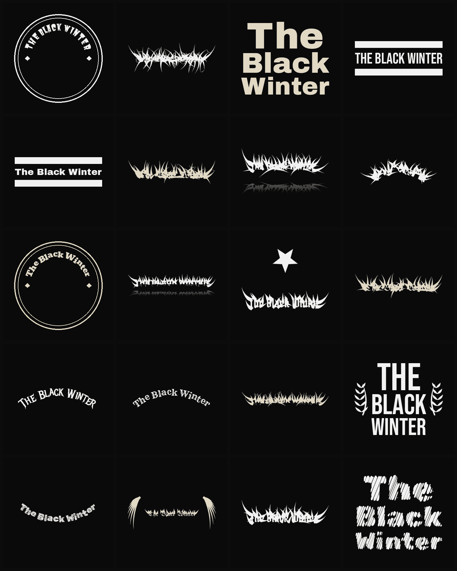 Twenty The Black Winter band logo ideas — different faces, treatments and spike settings