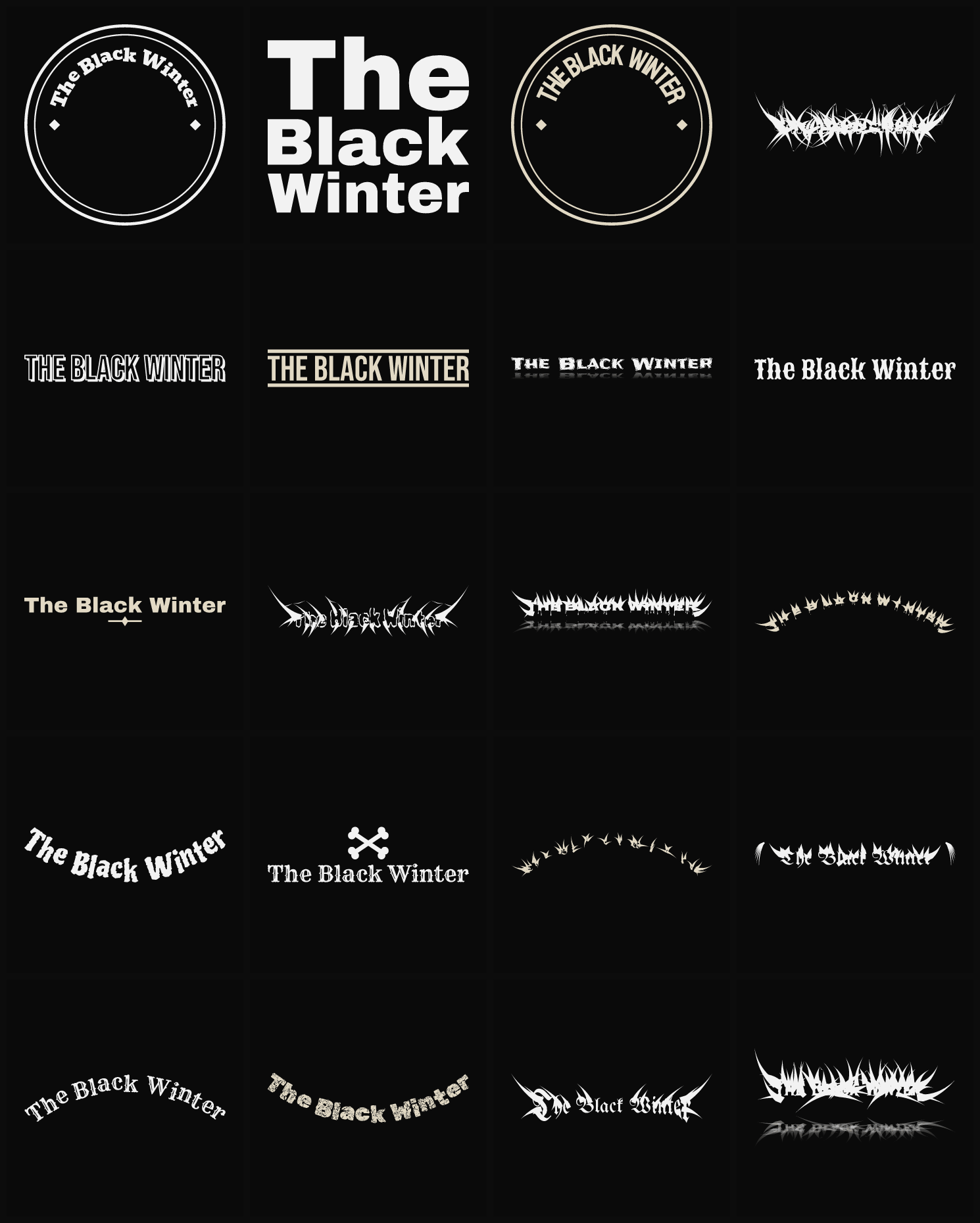 Twenty The Black Winter band logo ideas — different faces, treatments and spike settings