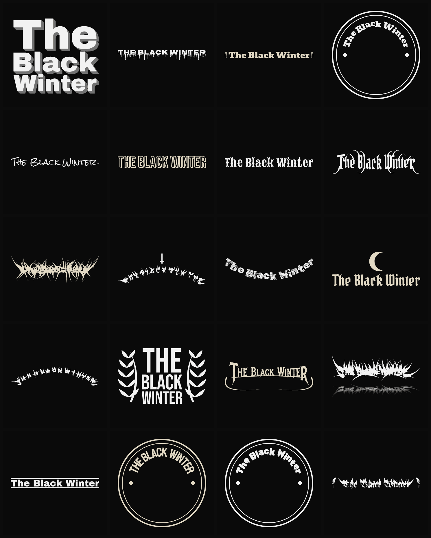 Twenty The Black Winter band logo ideas — different faces, treatments and spike settings