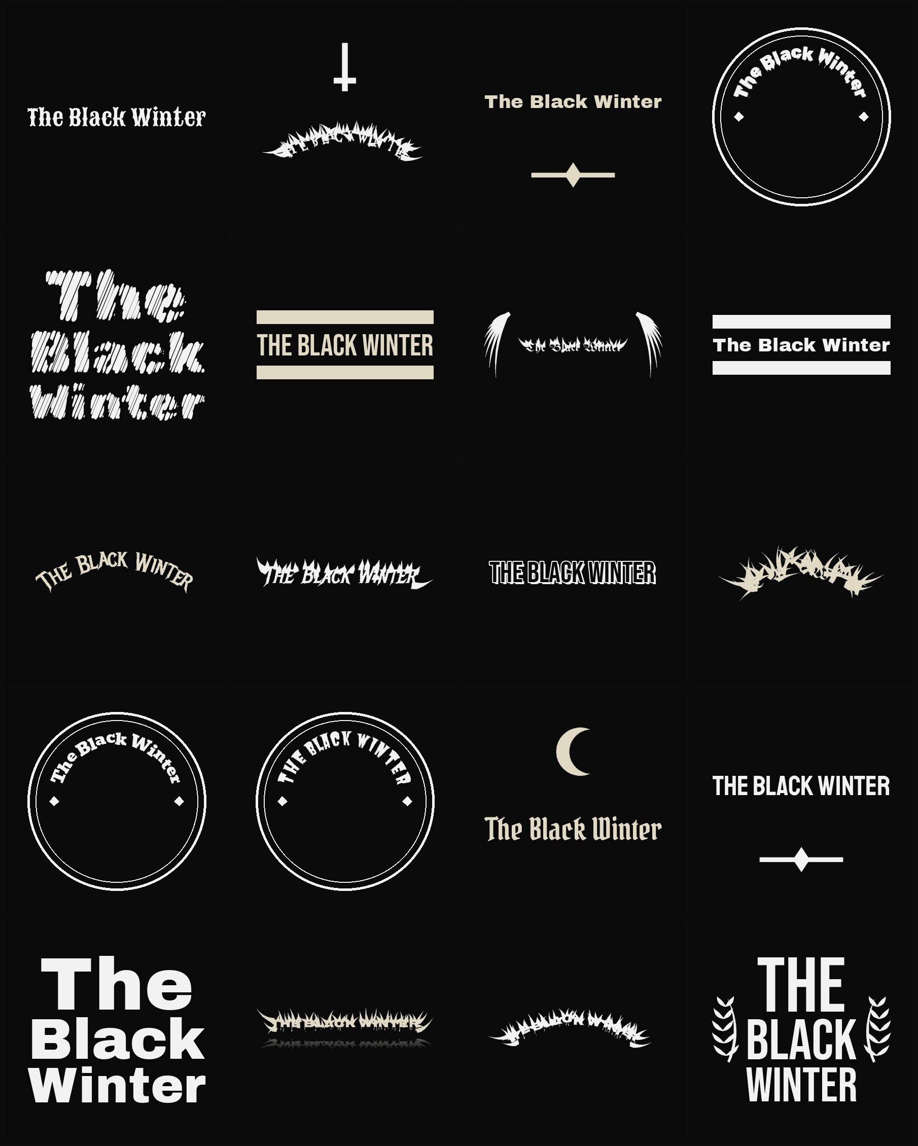Twenty The Black Winter band logo ideas — different faces, treatments and spike settings
