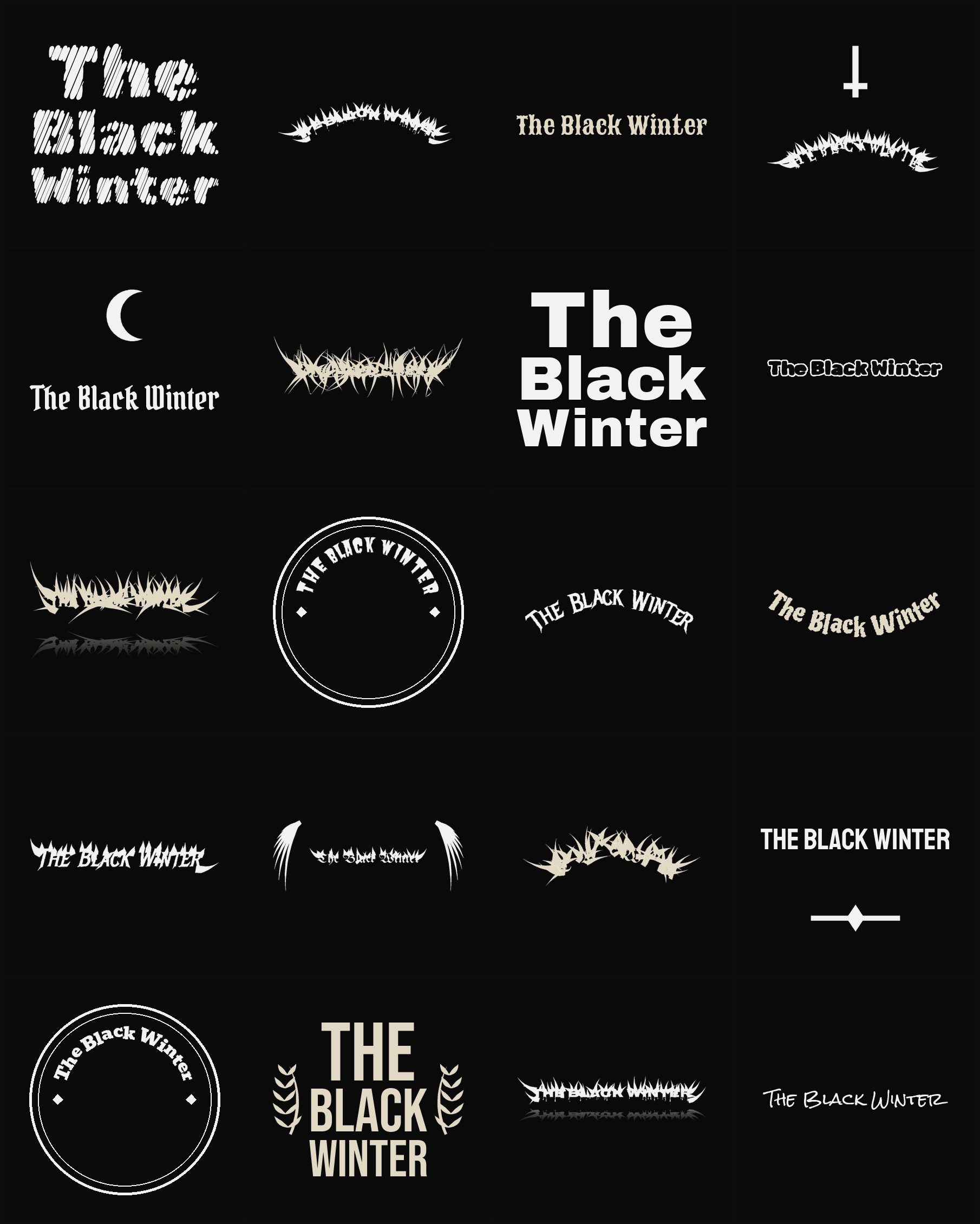 Twenty The Black Winter band logo ideas — different faces, treatments and spike settings