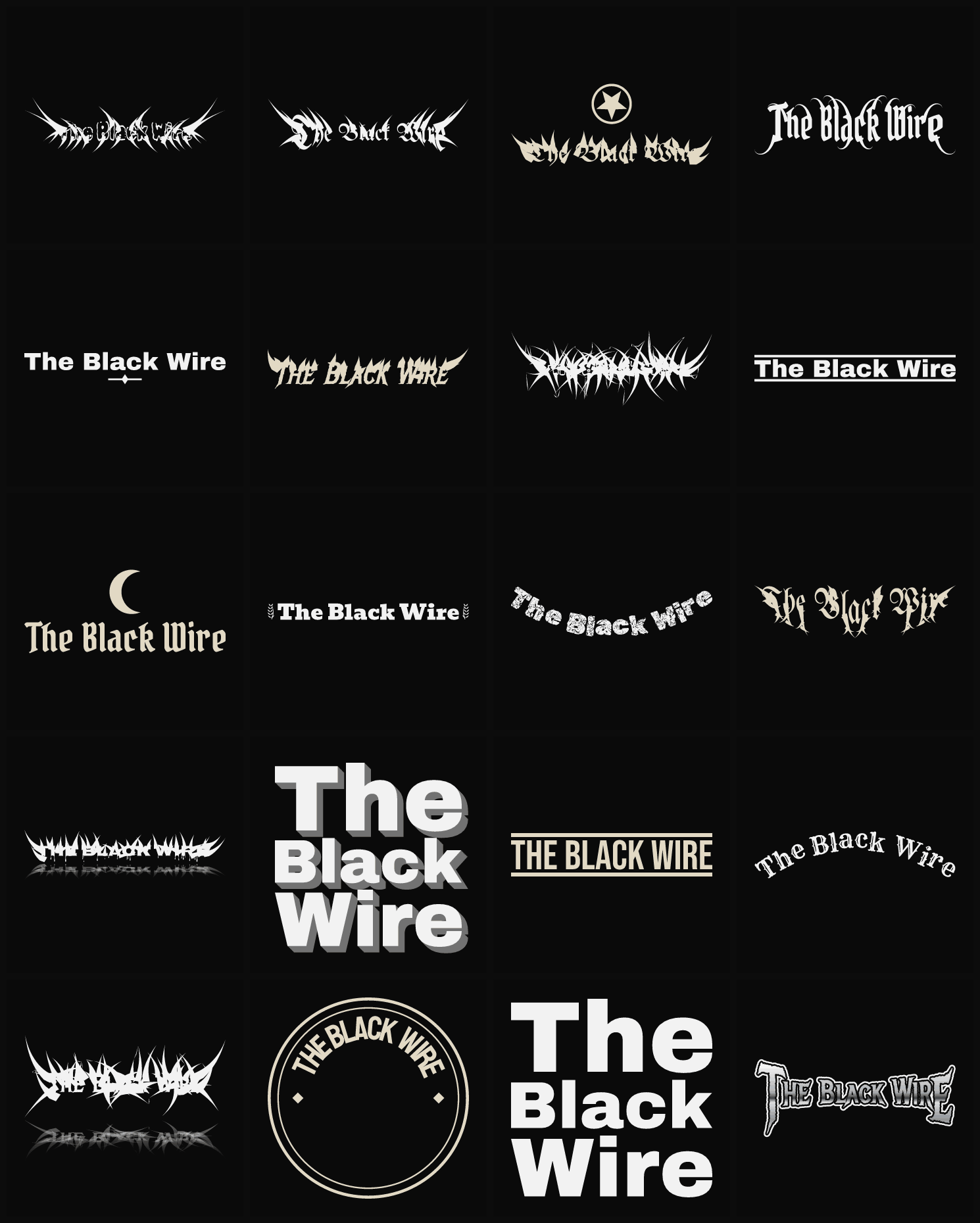 Twenty The Black Wire band logo ideas — different faces, treatments and spike settings